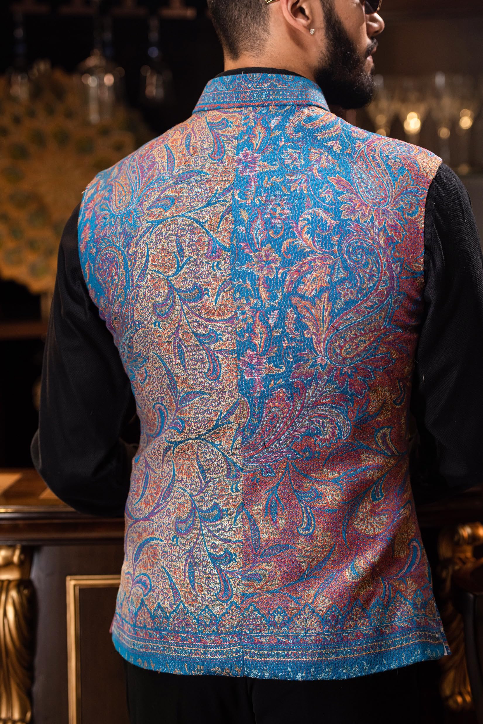 Pashtush Mens Woven Jacquard Waistcoat, Structured Slim Fit, Saphire Blue (44 - XL) 4