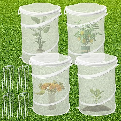 4 redes de protección para plantas emergentes con estacas  19.7 x 13.4 pulgadas red plegable para insectos para jardín con cremallera, enrejado de