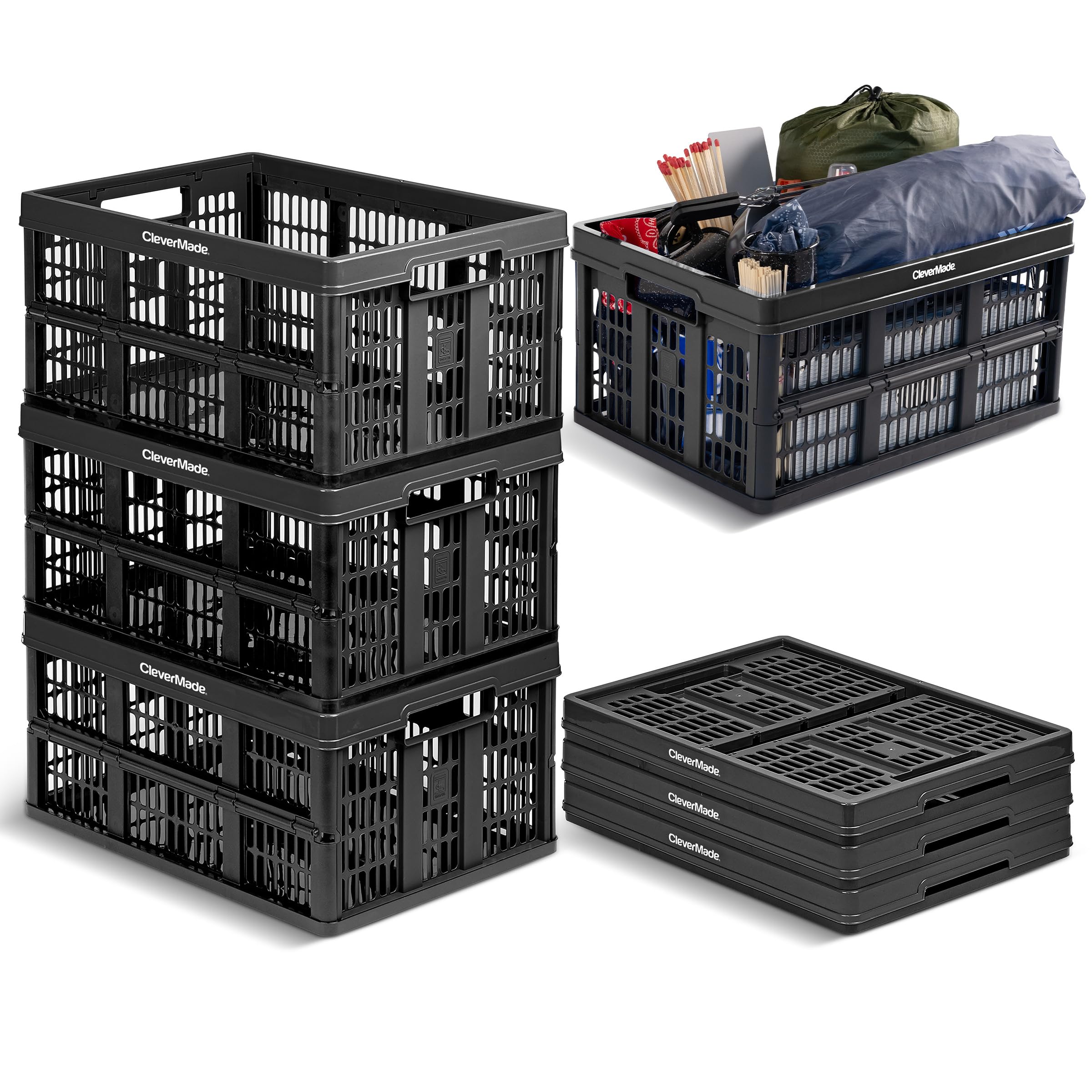 CleverMade Collapsible Utility Crates-Obsidian 3pck 45L / 11 Gal holds 66 lbs - Stackable Containers Heavy Duty Capacity Crates Space-Saving Baskets