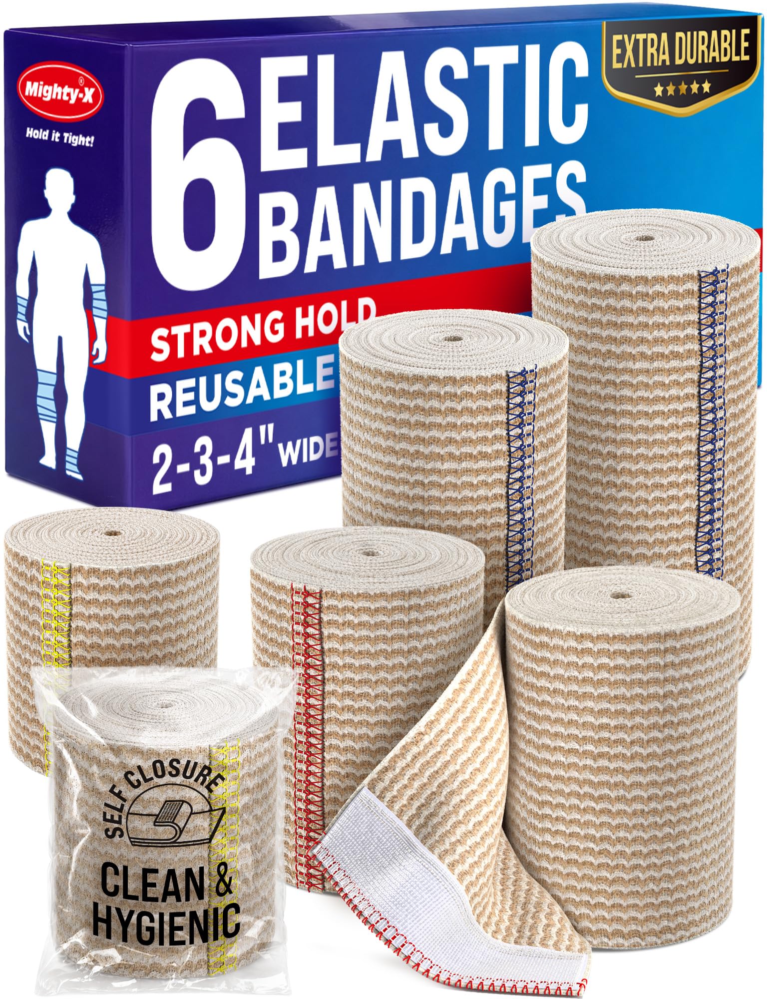 Premium Elastic Bandage Wrap - 6pack (2x2in, 2x3in, 2x4in) - Self-Closing