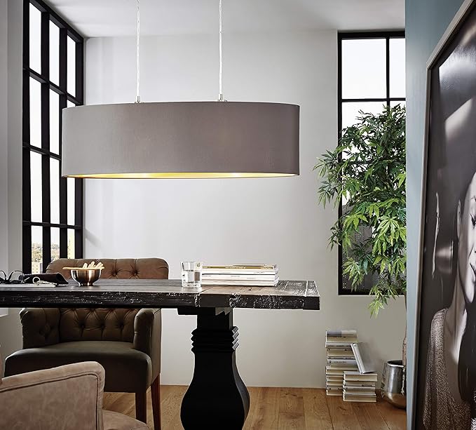 Eglo EGLO Hanglamp Maserlo, 2-pits textiel hanglamp, ovaal design van staal en stof, kleur: nikkel mat, cappuccino, goud, fitting: E27, L: 78 cm photo 2