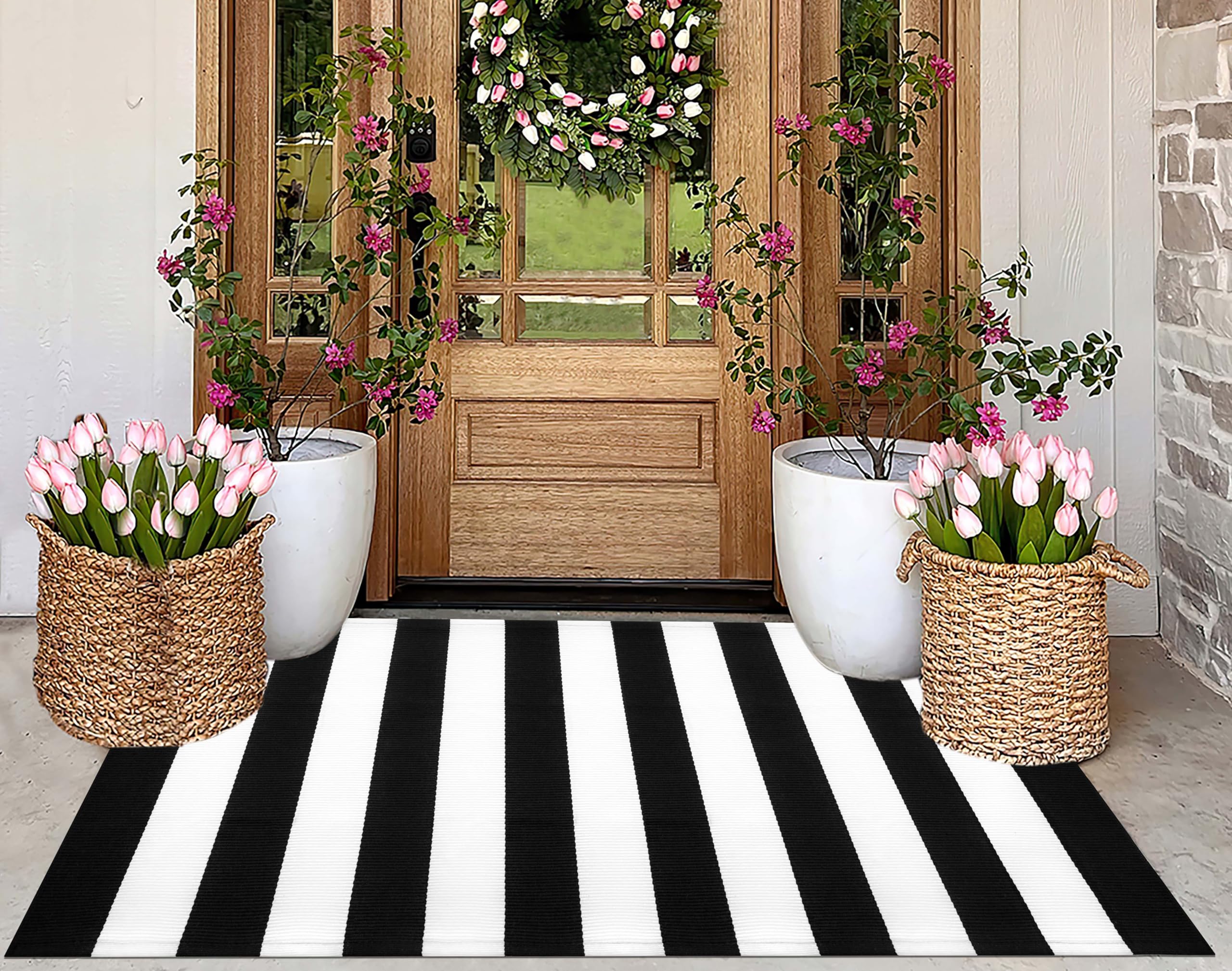 Alfombra de Exterior a Rayas Blancas y Negras de 90 x 150 cm, de algodón