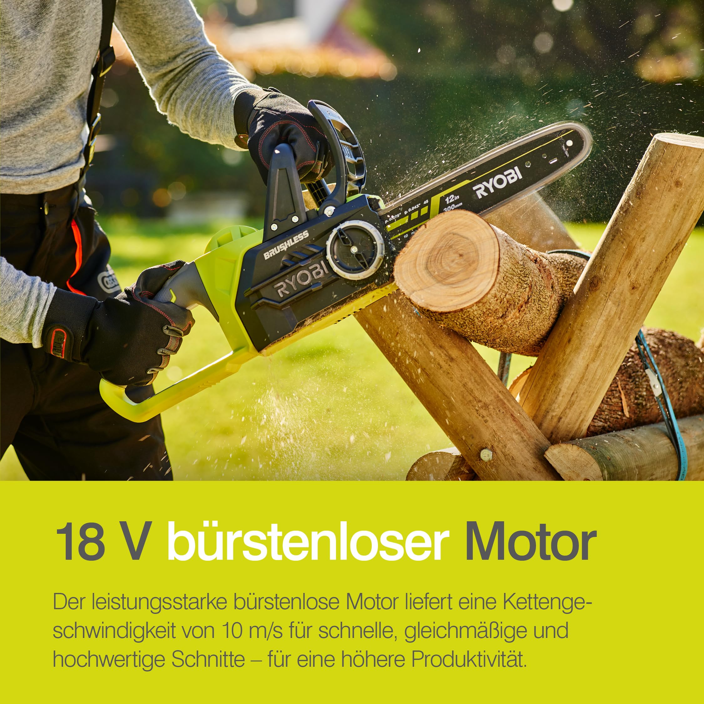RYOBI 18 V ONE+ Brushless Akku-Kettensäge OCS1830, Schwertlänge 30 cm, bürstenloser Motor, werkzeugloses Kettenspannen, ohne Akku und Ladegerät