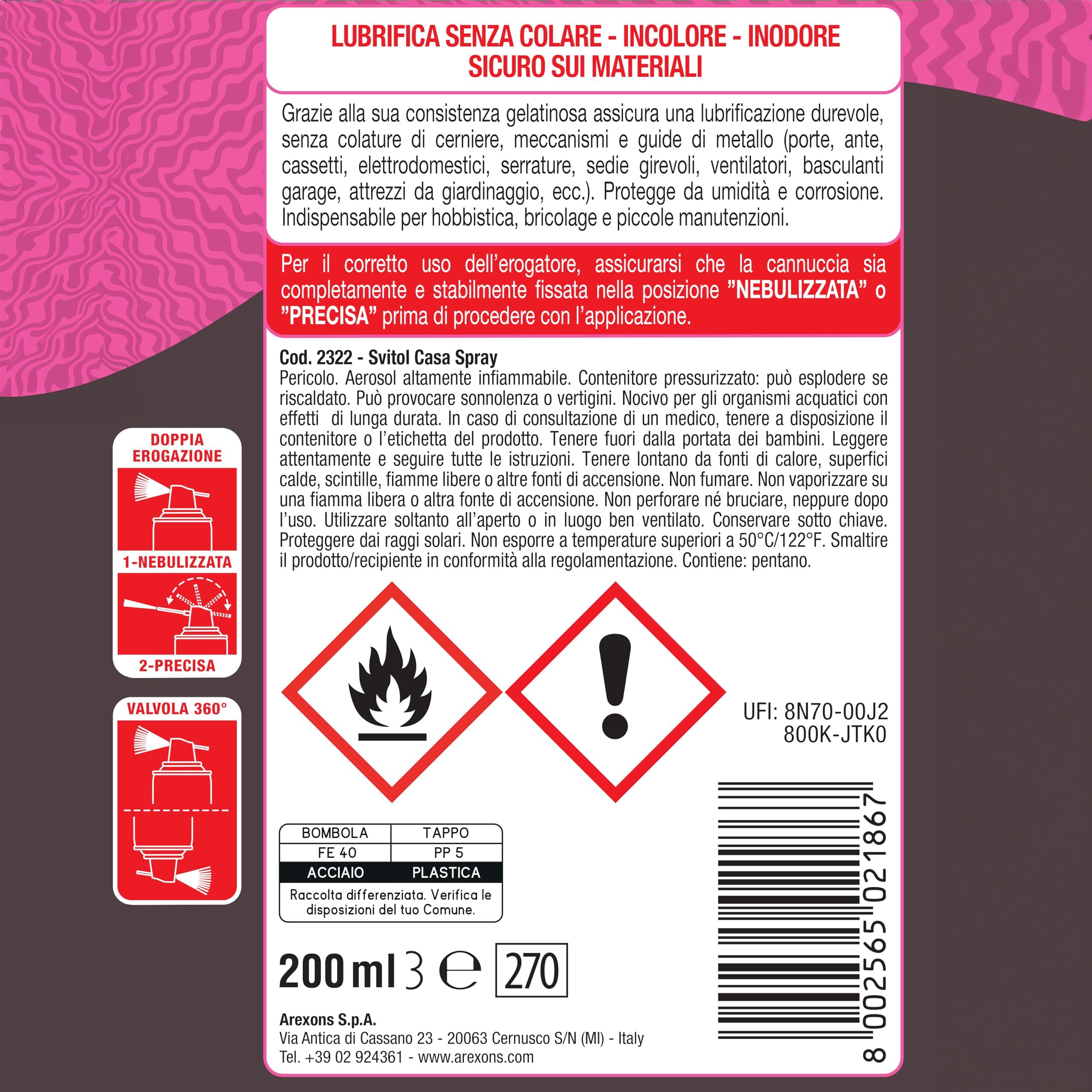 SVITOL Spray Lubrificante Casa, Riduce Attrito, Non Cola, Lubrificazione Durevole, Valvola 360° per Facile Erogazione, Erogatore con Cannuccia, 6 x 200 ml