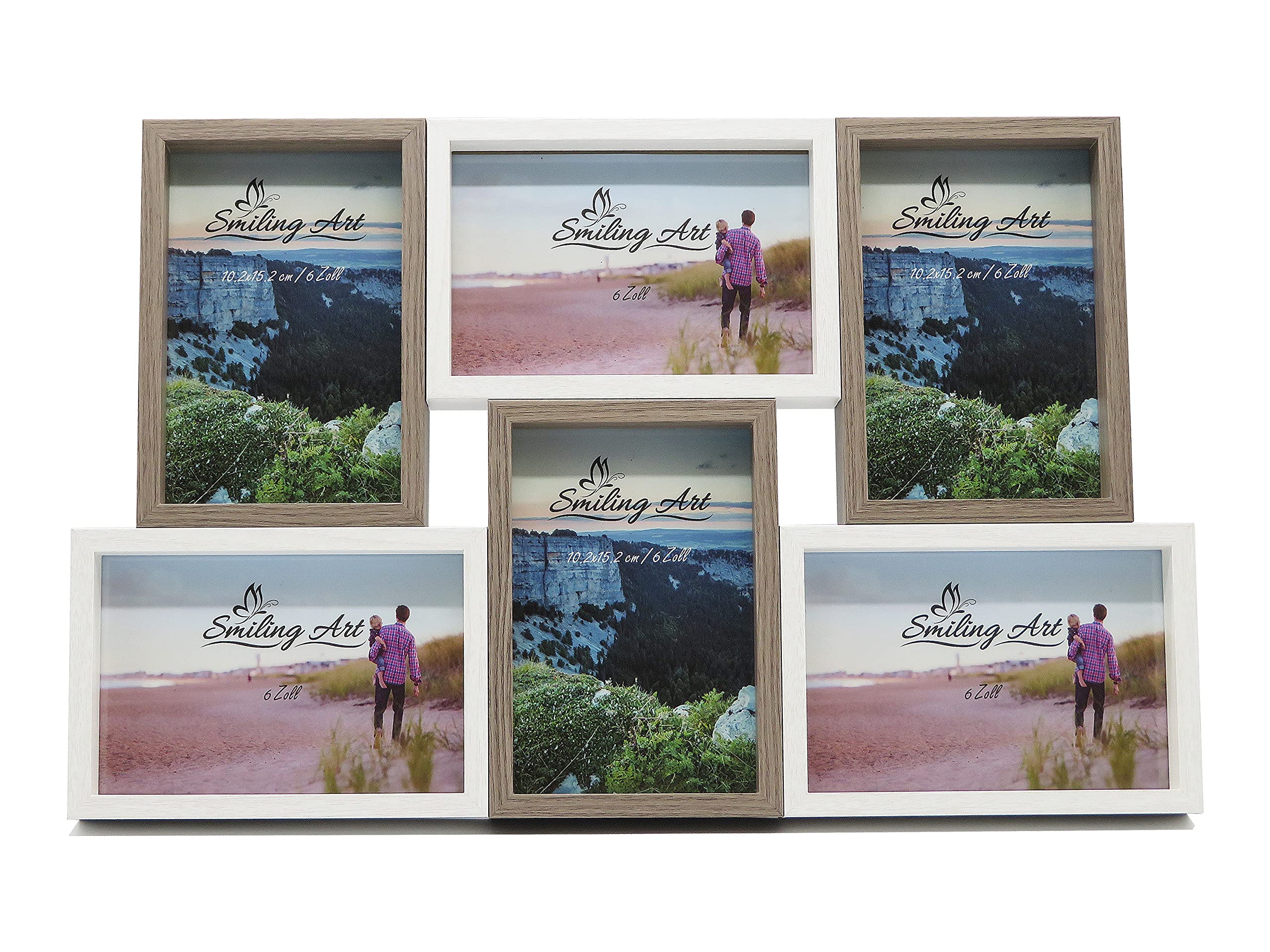 Bilderrahmen Fotorahmen Collage für 6 Fotos, Foto Collage aus MDF Holz mit Glas (Weiß+Dunkelbraun, 6x10x15 cm)