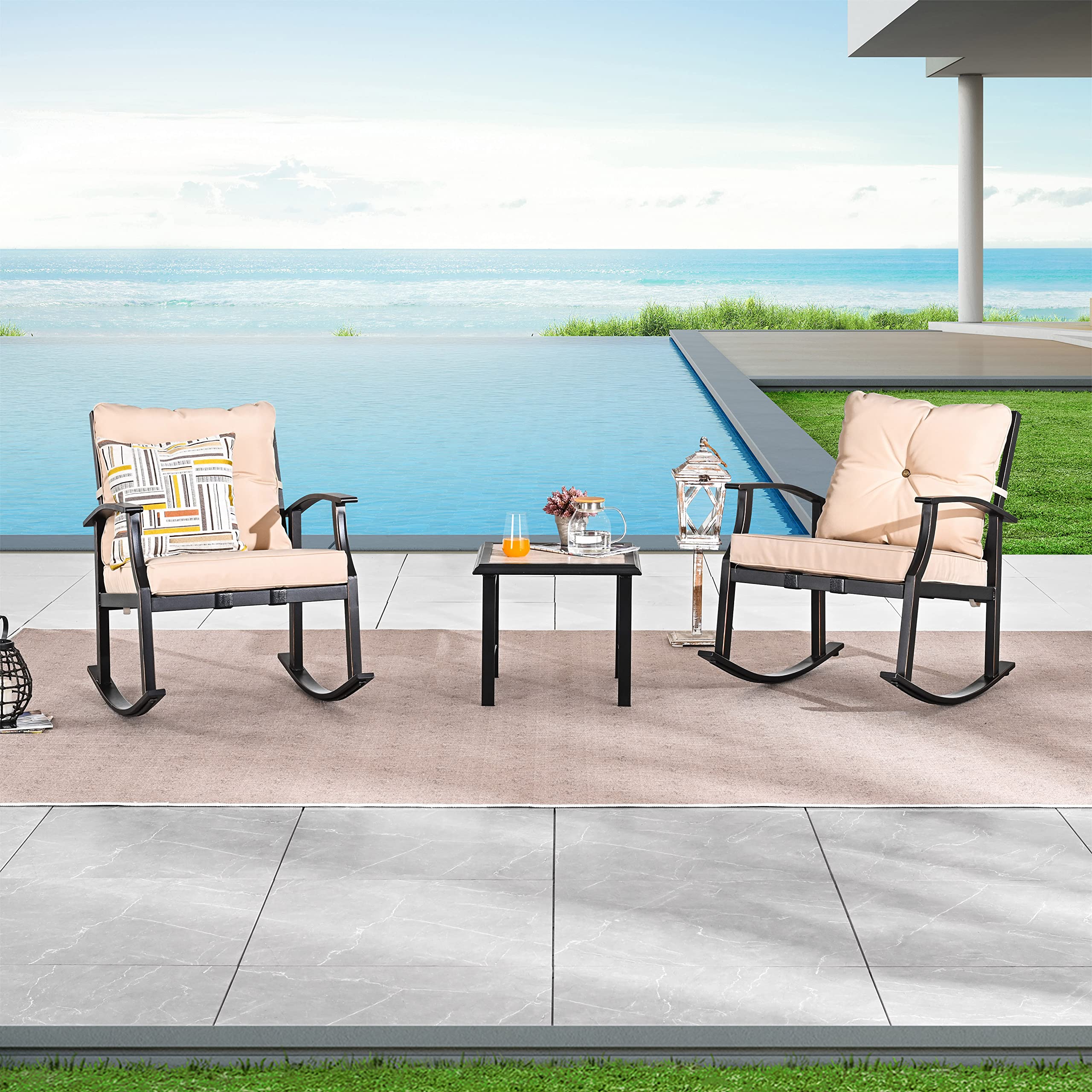 LOKATSE HOME 3 Piece Rocking Bistro Set Furniture Porch Chairs with Square Coffee Table, Khaki