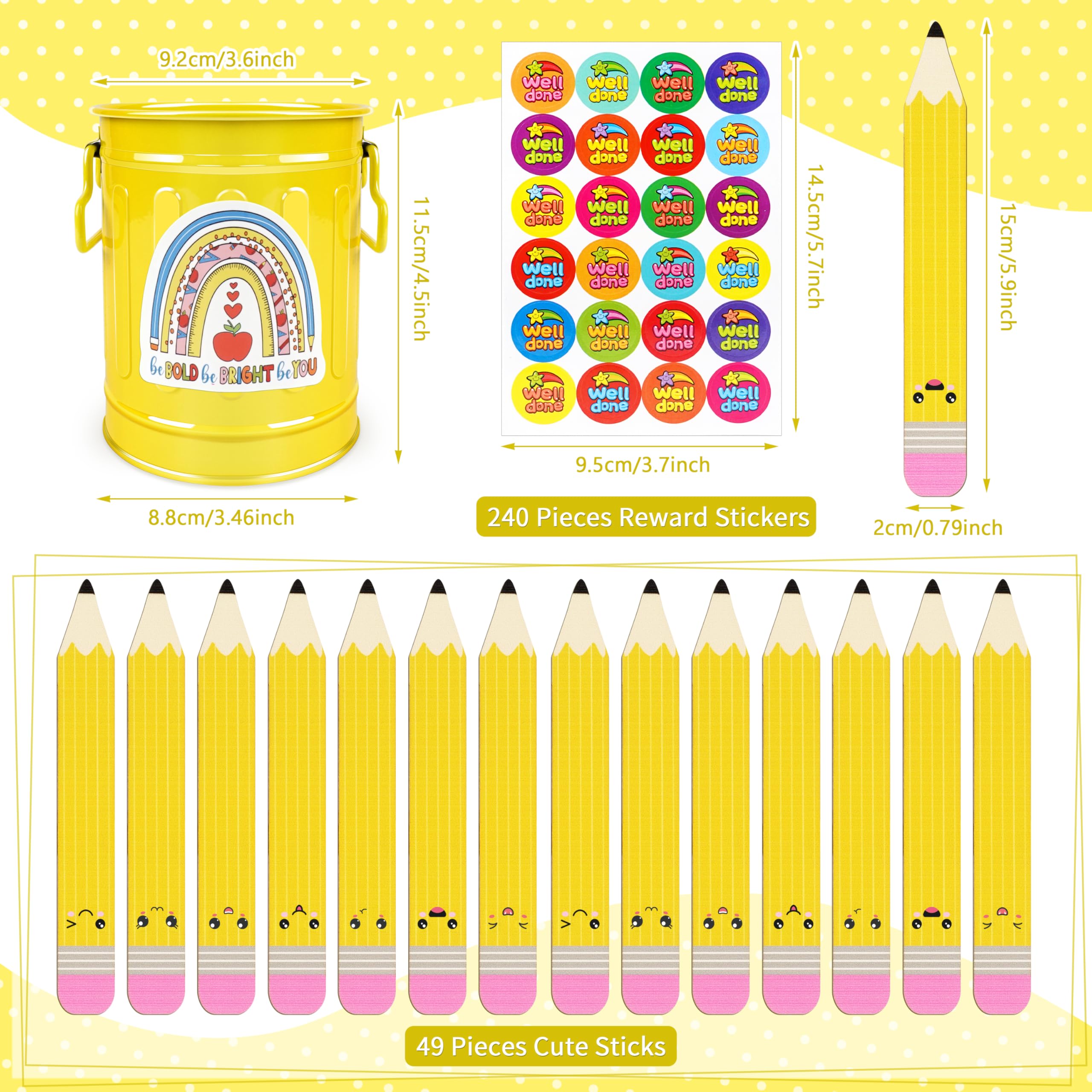 Lot de 49 bâtons de crayon en bois pour la rentrée des classes, pour enseignant, avec boîte de rangement, 240 autocollants de récompense pour groupe d'étudiants, gestion des activités d'apprentissage