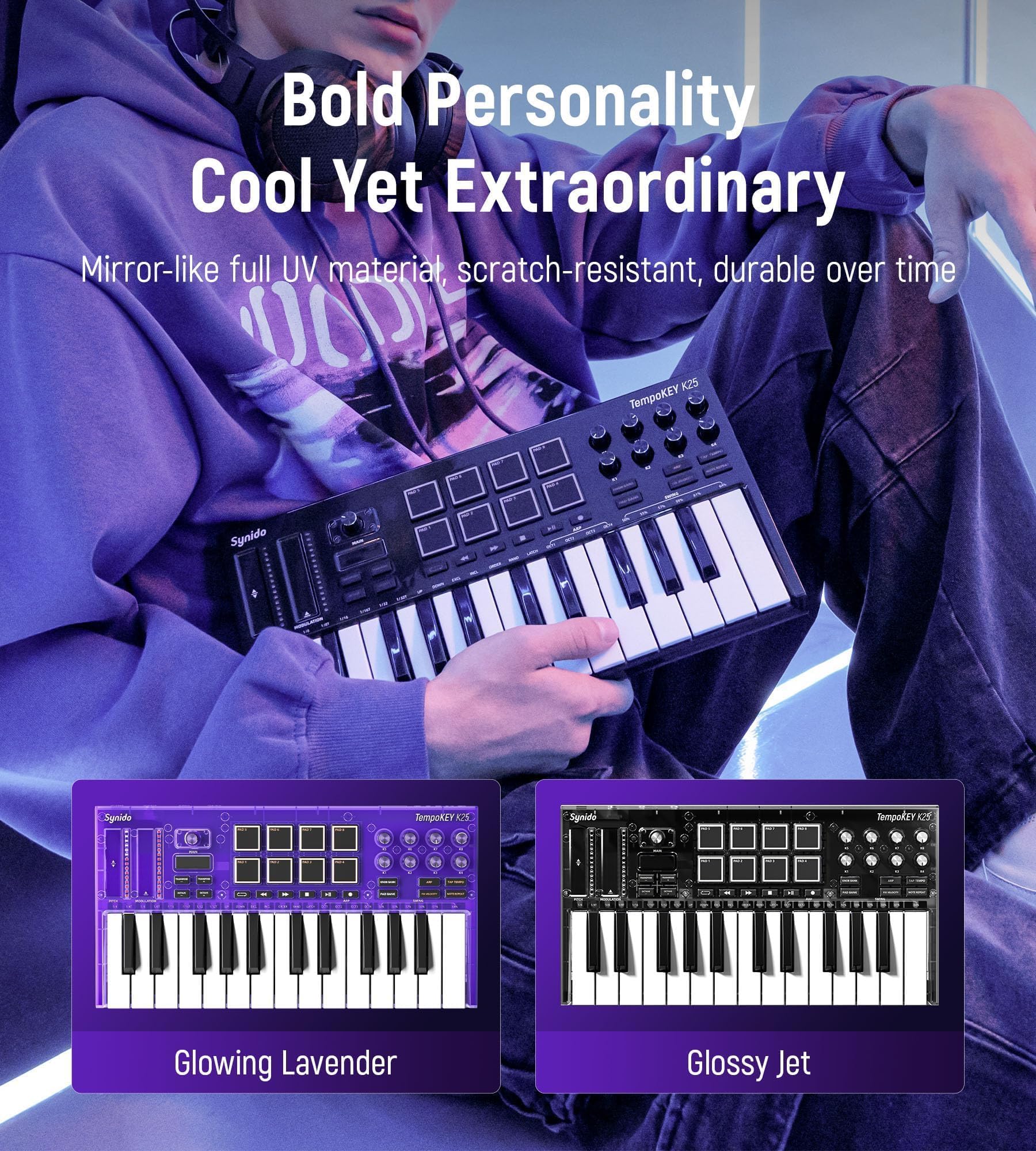 Synido TempoKEY K25 - Tastiera MIDI USB C con 25 tasti con 8 drum pad retroilluminati, schermo OLED, mini tastiera MIDI portatile per produzione musicale, colore: viola