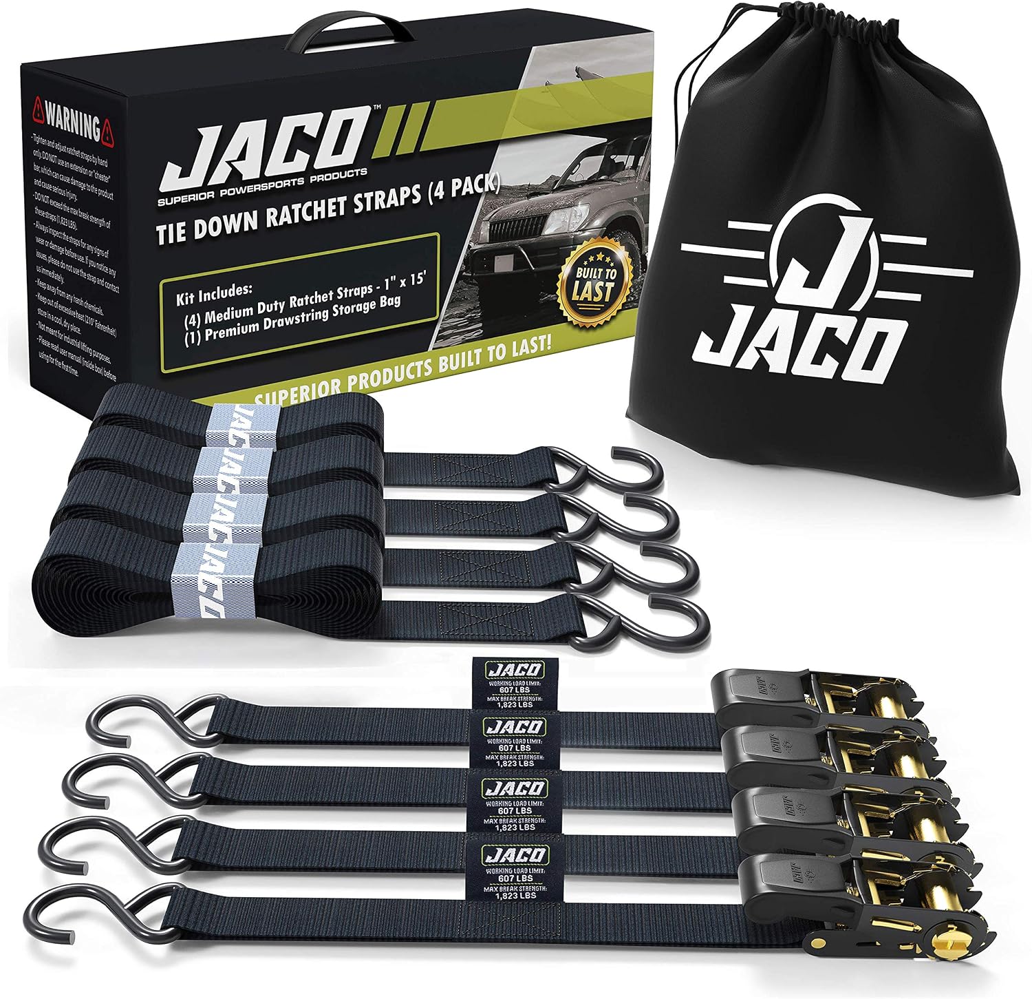JACO Ratchet Tie Down Straps - 1 in x 15 ft (4 Pack) | 1,823 lbs (Black)