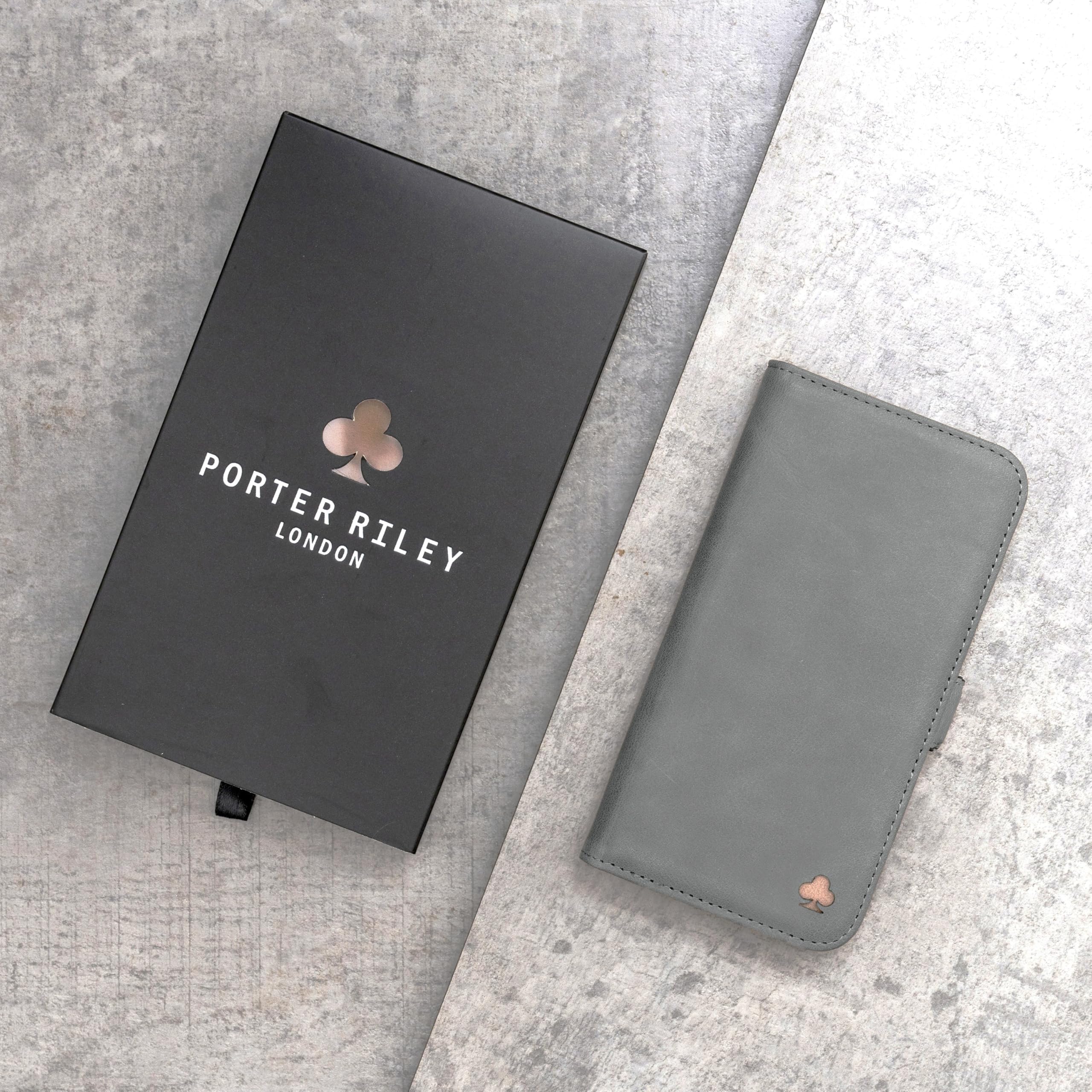 PORTER RILEY – Etui skórzane kompatybilne z iPhone'em 17. Etui/podstawka/portfel/etui składane premium z prawdziwej skóry z przegródkami na karty i poziomą podstawką (szary i różowy)