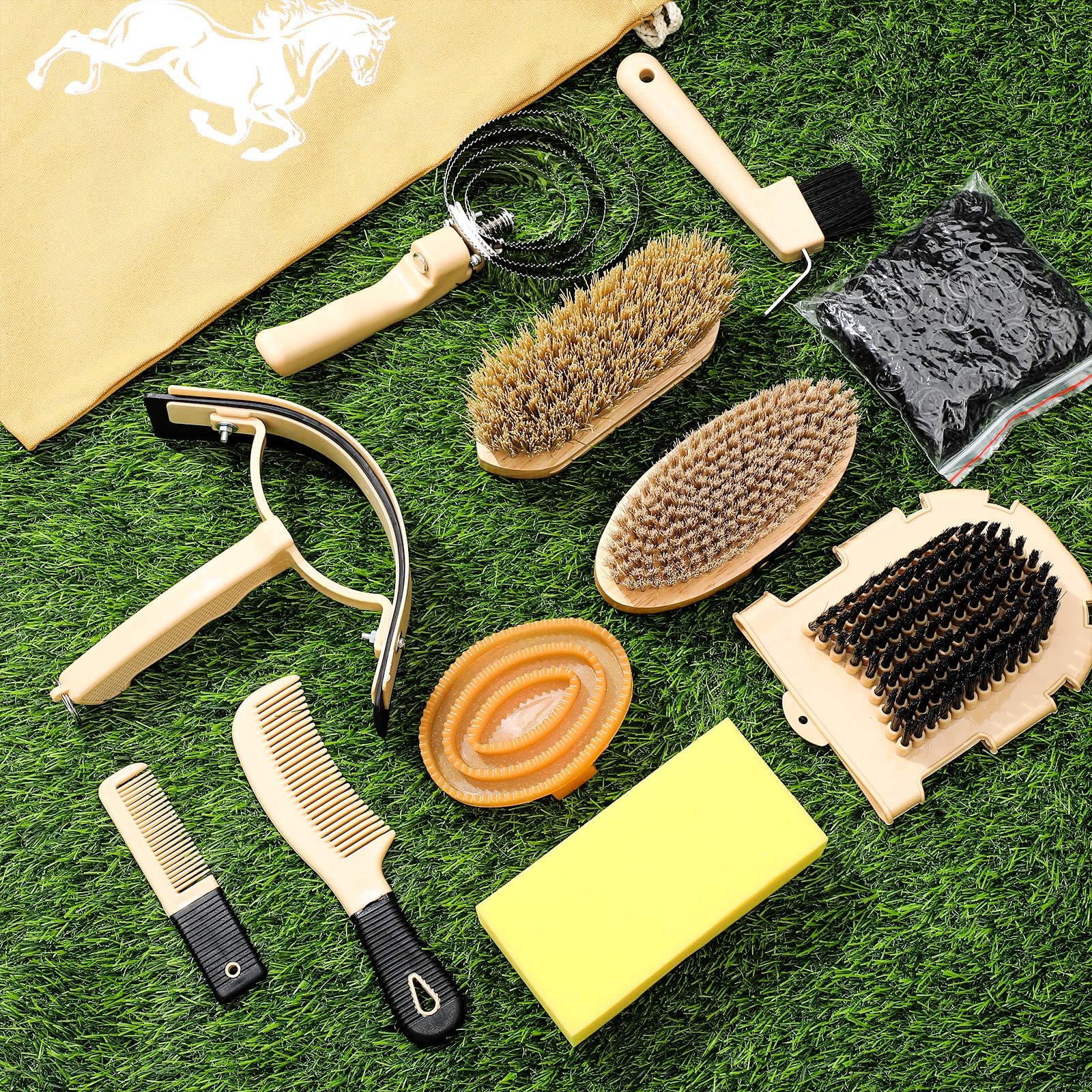 Abbylike 12 Pieces Horse Grooming Kit Racing Festival Tack Room Supplies Horse Brush Sets Equine Care Cleaning Kit Shedding Grooming Massaging Tools(Khaki) - image 6