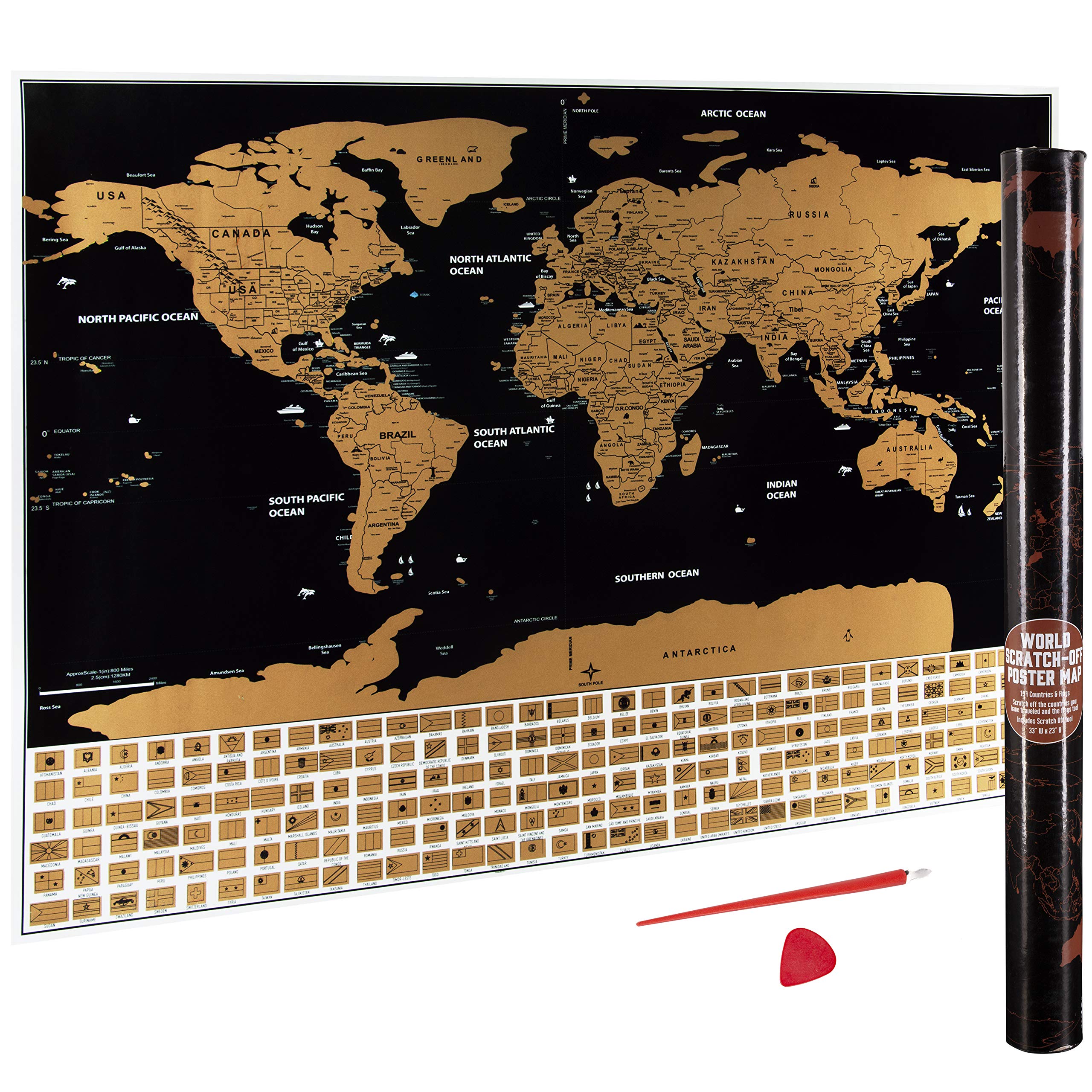 Scratch Off World Travel Map - Scratch Off World Map Poster, Most Detailed Cartography - Includes 197 Countries, Flags, Precision Scratch Tools 33 x 23