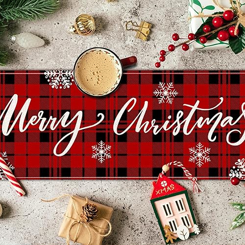 Miniatura 5 de Pinata Camino de Mesa de Navidad de 108 Pulgadas de Largo, Camino de Navidad para Mesa, Caminos de Navidad Rojos con Diseño de Búfalo y Muñeco de