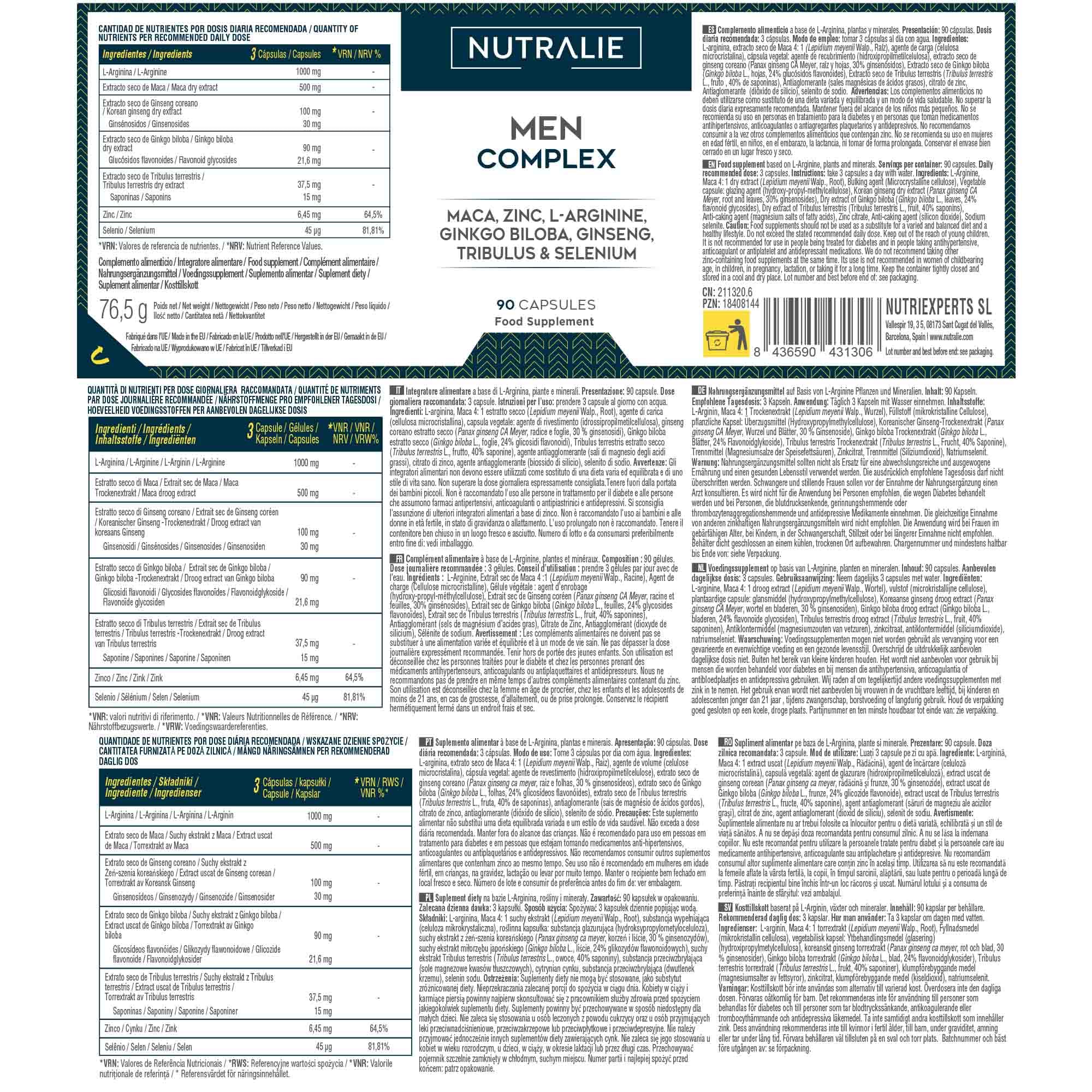 Vitamine TESTO Uomo - Potenza 4:1 Maca 500mg - Ginseng + Ginkgo Biloba + Tribulus Terrestris, L'Arginina - Men Complex 90 Capsule Nutralie