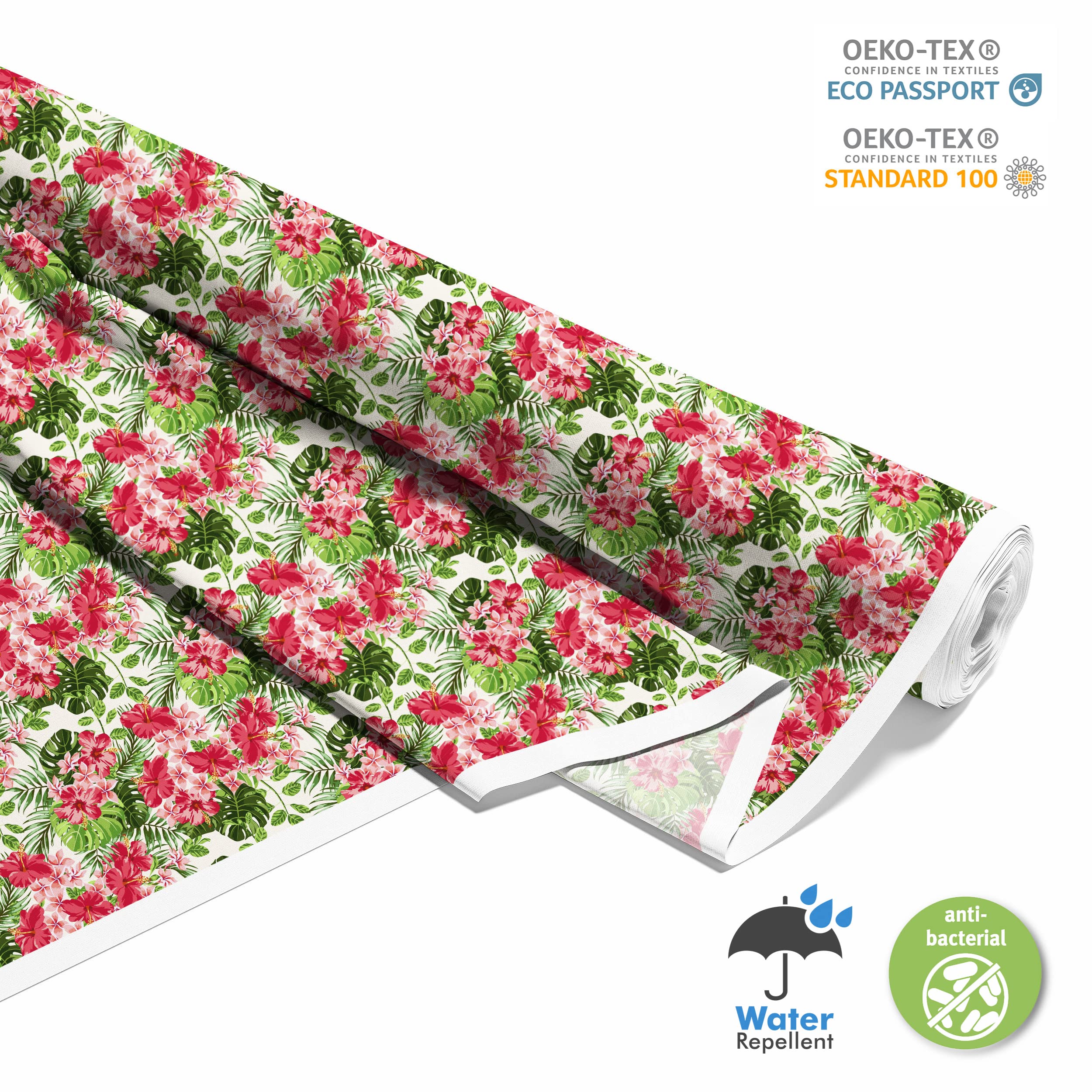 HEKO PANELS Oxford Wasserdichte Meterware Canvas-Stoff Polyester Zum Nähen - Möbel- und Dekostoffe Wasserabweisend Blickdicht - Blumen Hibiskus 5 Meter 155 x 500 cm