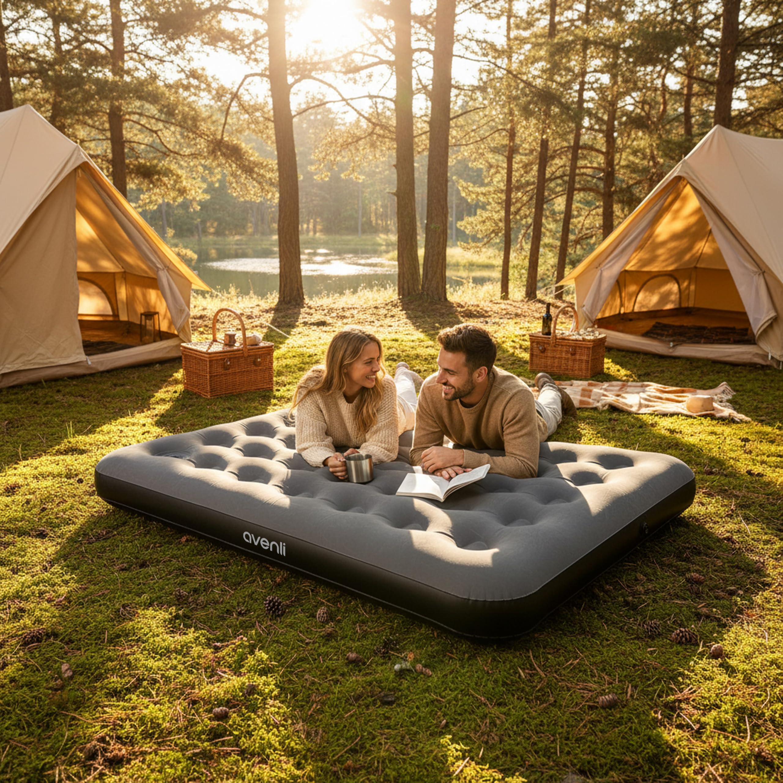 AVENLI Luftmatratze Camping Double-Size 191x137x22 cm, Gästebett 1–2 Personen, integrierte Fußpumpe, CloudCoil, beflockt, bis 300 kg, grau/schwarz : 