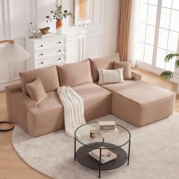 Mangodan Cloud Sectional Sofa, Boneless Couch for Living Room, Modular Sectional Sofa with Deep Seat, Fluffy L-Shaped Comfy Couch with Right-Facing Chaise, No Assembly Required, Camel
