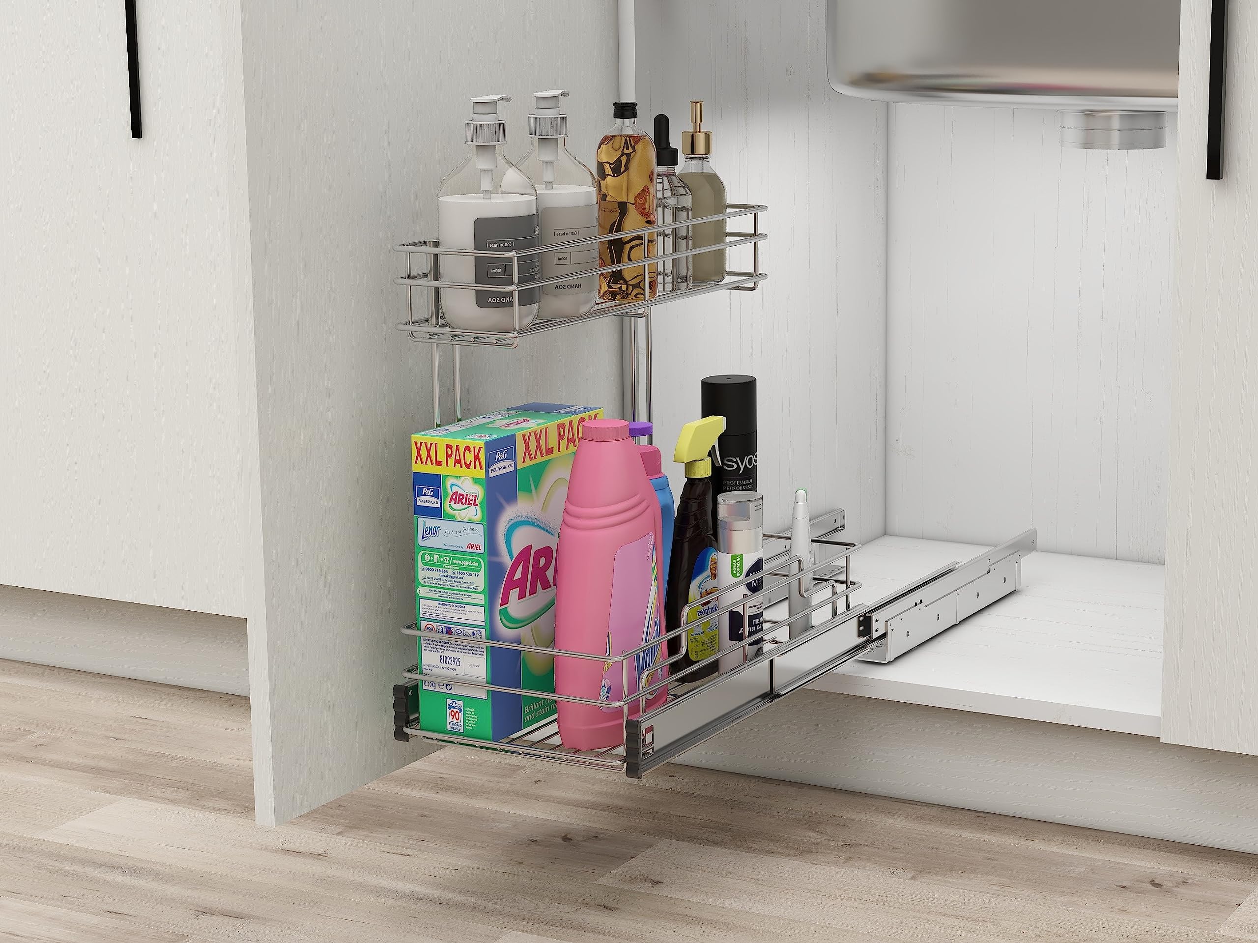 Under Sink Organizer 9"W X17"D, Pull Out Cabinet Organizer 2 Tier, Under Sink Slide Out Chrome Plated, Under Kitchen Bathroom Organizer, Pantry Cabinet Closet Organization Rack, 1 Pack