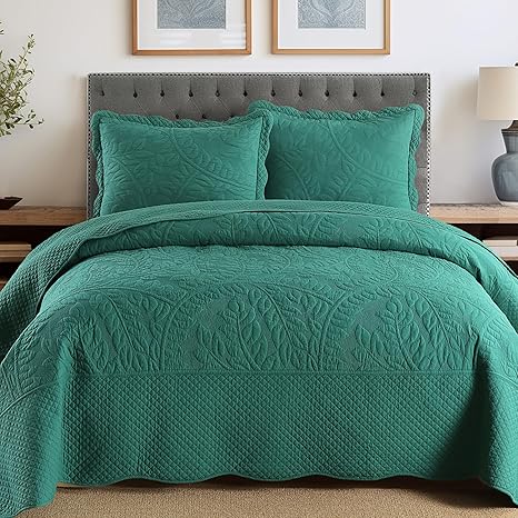 MarCielo 3-Piece 100% Cotton Oversized Bedspread Lightweight Quilt Coverlet Embroidery Farmhouse Bedding Set T0 (Emerald, Oversized Queen (100"x106"))