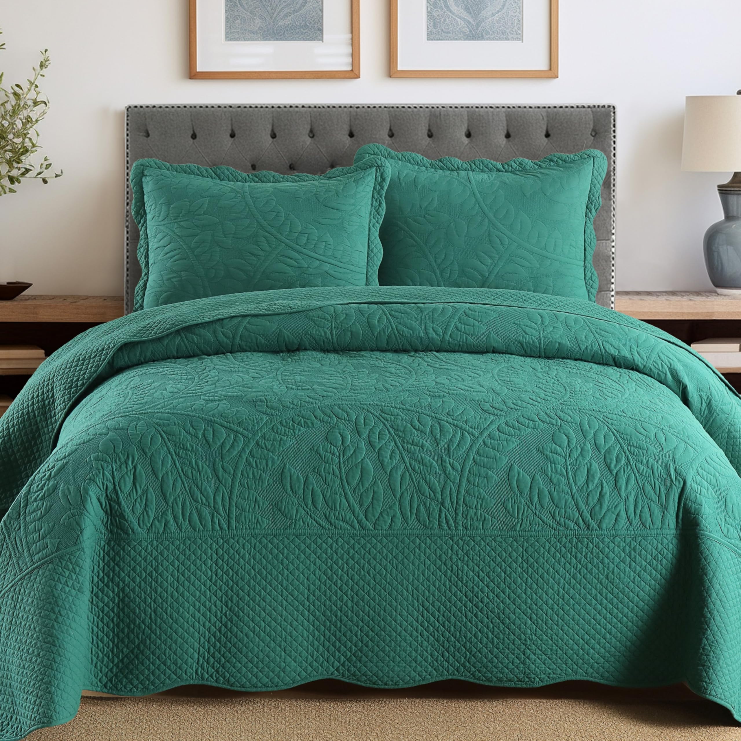 MarCielo 3-Piece 100% Cotton Oversized Bedspread Set Coverlet Set Lightweight Quilt Set Embroidery Farmhouse Bedding Set T0 (Emerald, King (118"x106"))