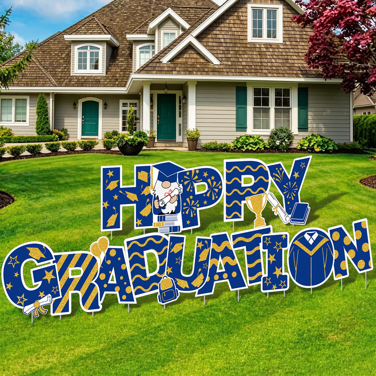 Photo 1 of Chunful Happy Graduation Yard Signs - 2026 Congrats Grad Class of 2026 Outdoor Decorations for Senior College School Home Party Supplies(Blue Gold)