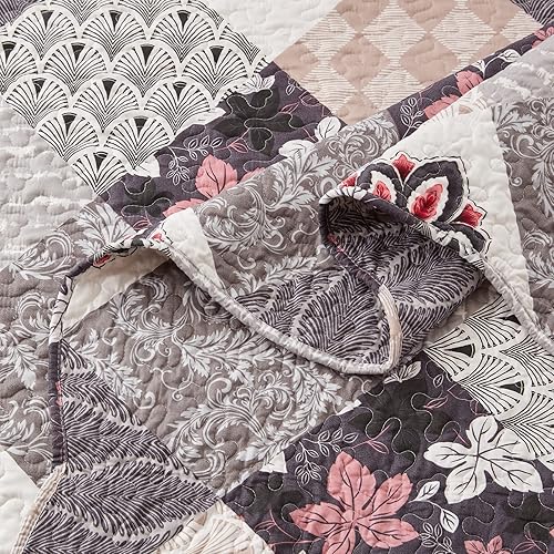 Miniatura 5 de Juego de edredón de Navidad de 3 piezas ligero reversible de 98 x 106 pulgadas suave de retazos floral lujoso cálido de microfibra para todas las