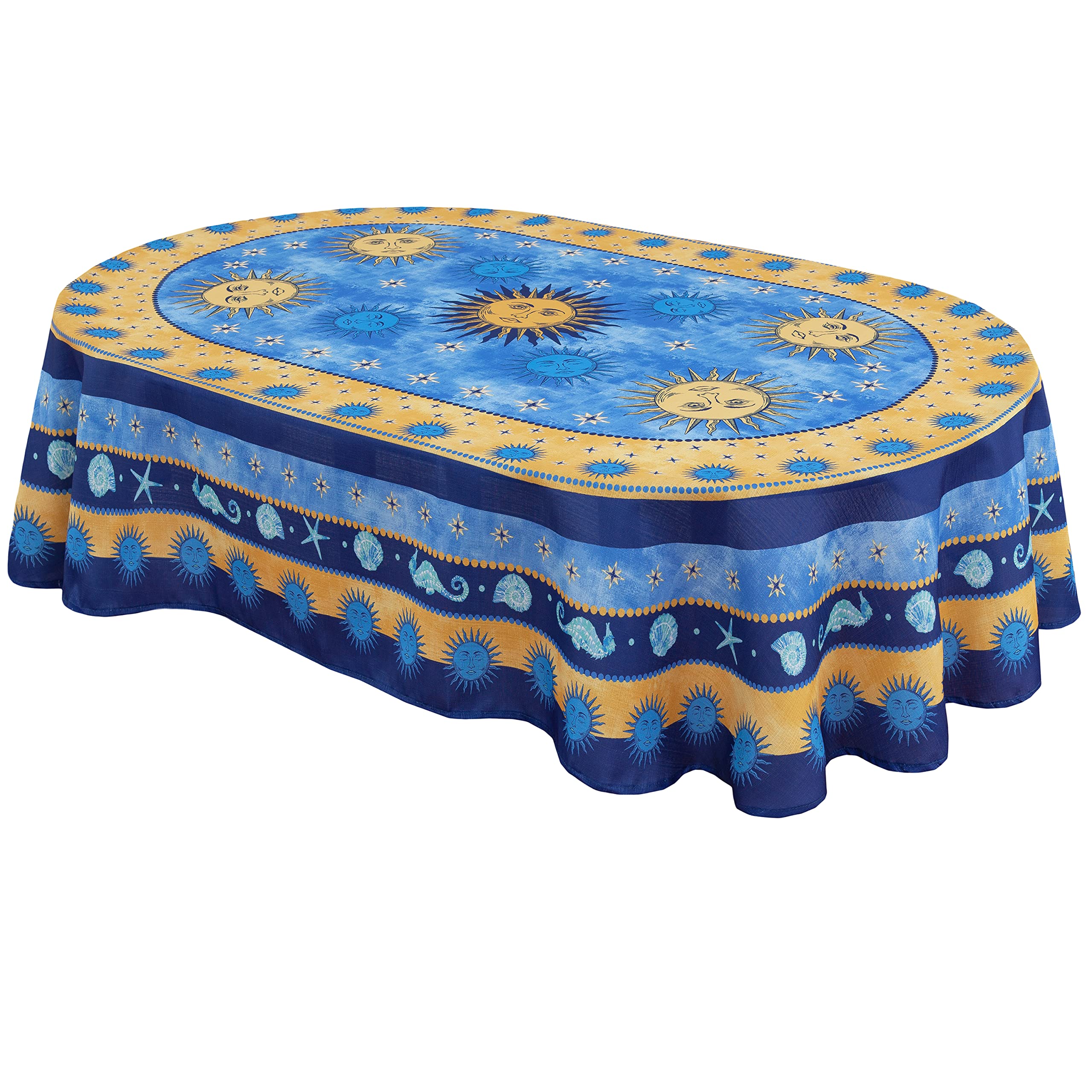 Home Bargains Plus Celestial Shells, Sun and Seashell Design Bordered Fabric Table Cloth, Table Cover, Stain and Water Resistant, Wrinkle Free French Provence Tablecloth, 60'' x 84'' Oval