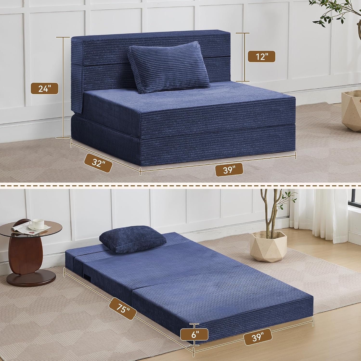 WUTUTUEE Folding Sofa Bed Convertible Floor Couch Foldable Chair Bed with Pillow，Linen Sleeper Chair Futon,Foldable Memory Foam Mattress for Bedroom/Living Room/Dorm/Office (Corduroy Navy, Standard)