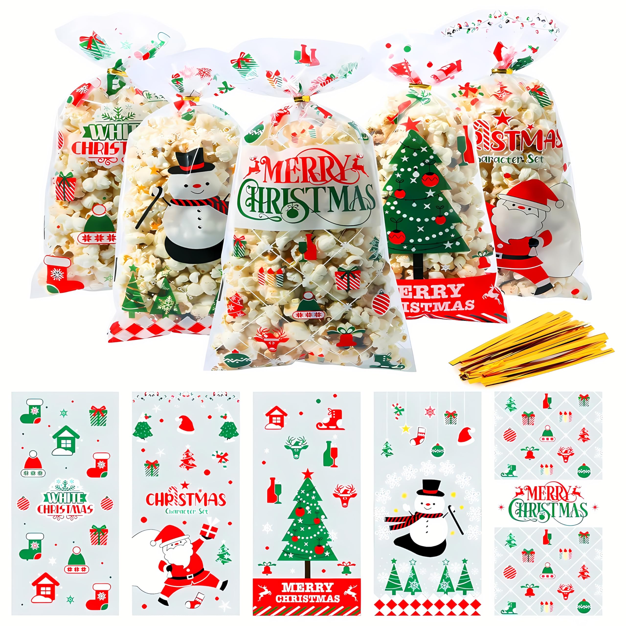 Lot De 100 Sacs à Bonbons De Noël En Cellophane Avec 100 Cravates Torsadées Pour Biscuits, Biscuits, Chocolats (Merry Christmas - A