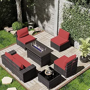 Outdoor Patio Furniture Set with Gas Fire Pit Table, 7 Pieces Patio Furniture Set Outdoor Sectional Sofa w/43in Propane Fire Pit, PE Wicker Rattan Patio Conversation Sets - Red