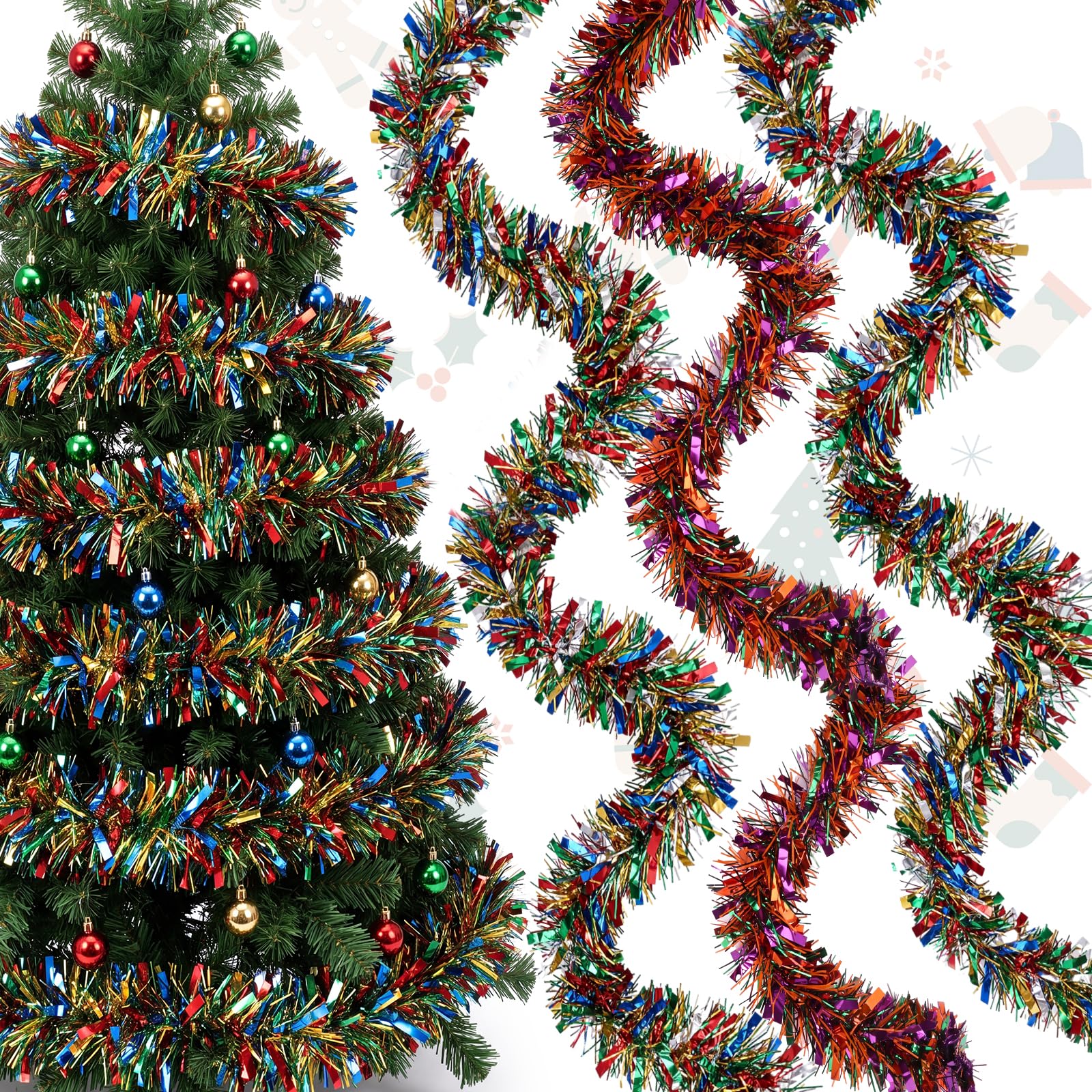 177 Feet Christmas Tinsel Garland Metallic Shiny Hanging Christmas Tree Tinsel Garland Ornaments for Indoor Outdoor Party Wedding Holiday(Red, Blue, Yellow, Green)