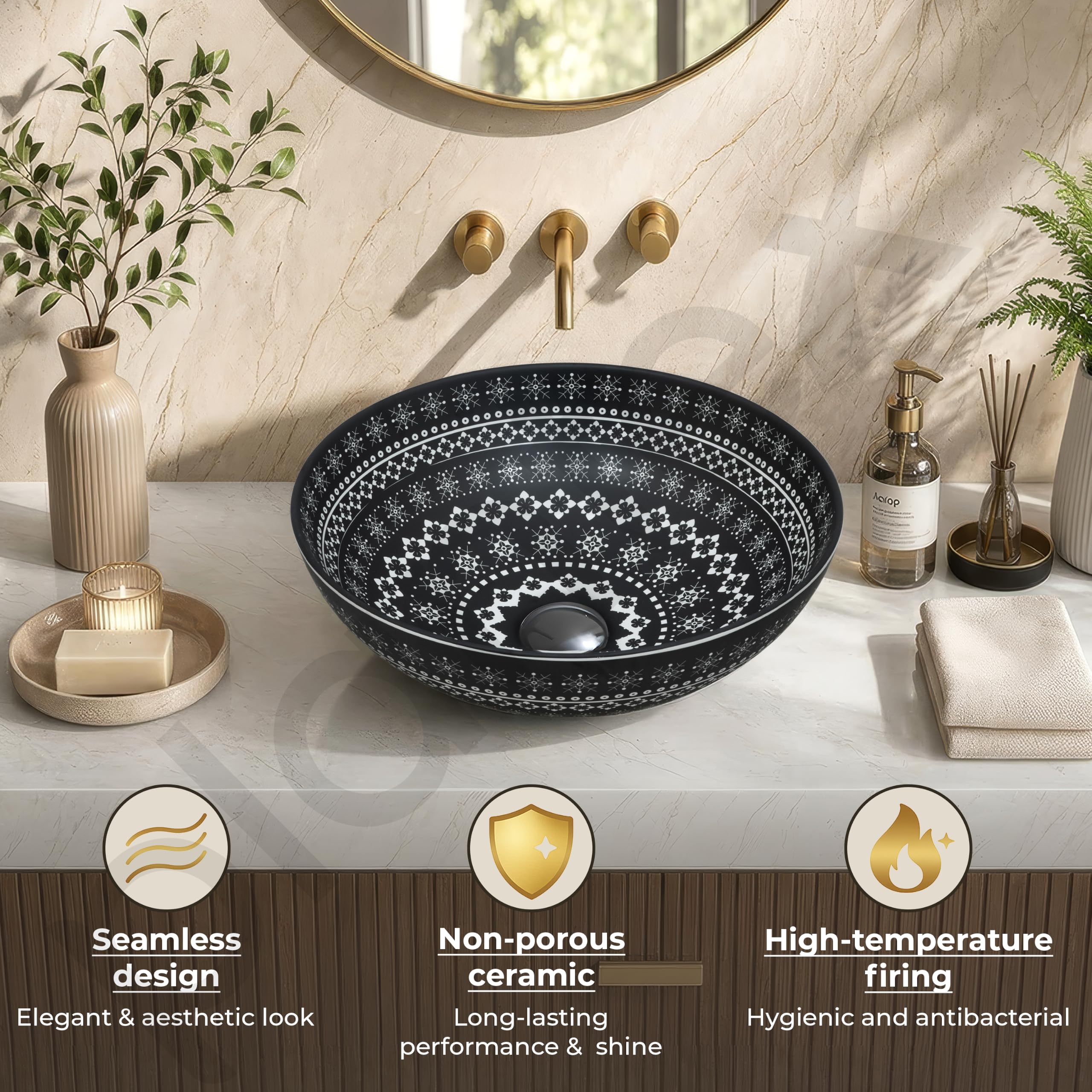 Plantex Ceramic Round Wash Basin for Bathroom/Designer Table Top Washbasin/Countertop Hand Basin for Restaurant/Hotel (15.5x15.5x4.5 Inch - Black & White) 3
