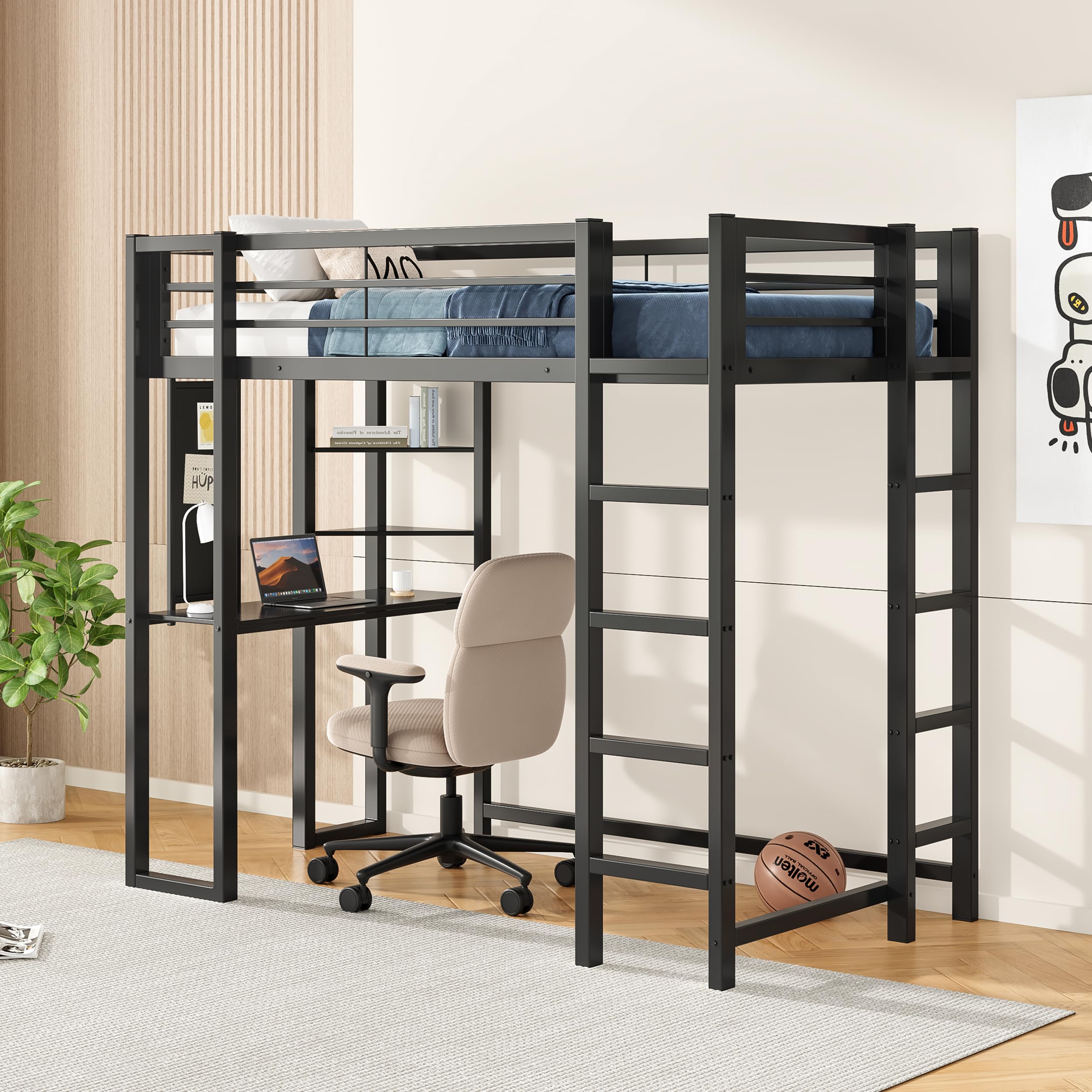 KEIKI Twin Size Loft Bed with Desk, 2 Side Ladders, Storage Shelves, Safety Guardrail, No Box Spring Needed, Space-Saving Metal Loft Bed Frame for Kids/Teens/Adults