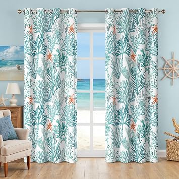 Coastal Beach Curtains 2 Panels Set Nautical Ocean Patterned Themed Thermal Insulating 50% Light Blocking Room Darkening Grommet Window Coral Print Drapes for Living Room Bedroom, Teal, 52x84 Inches