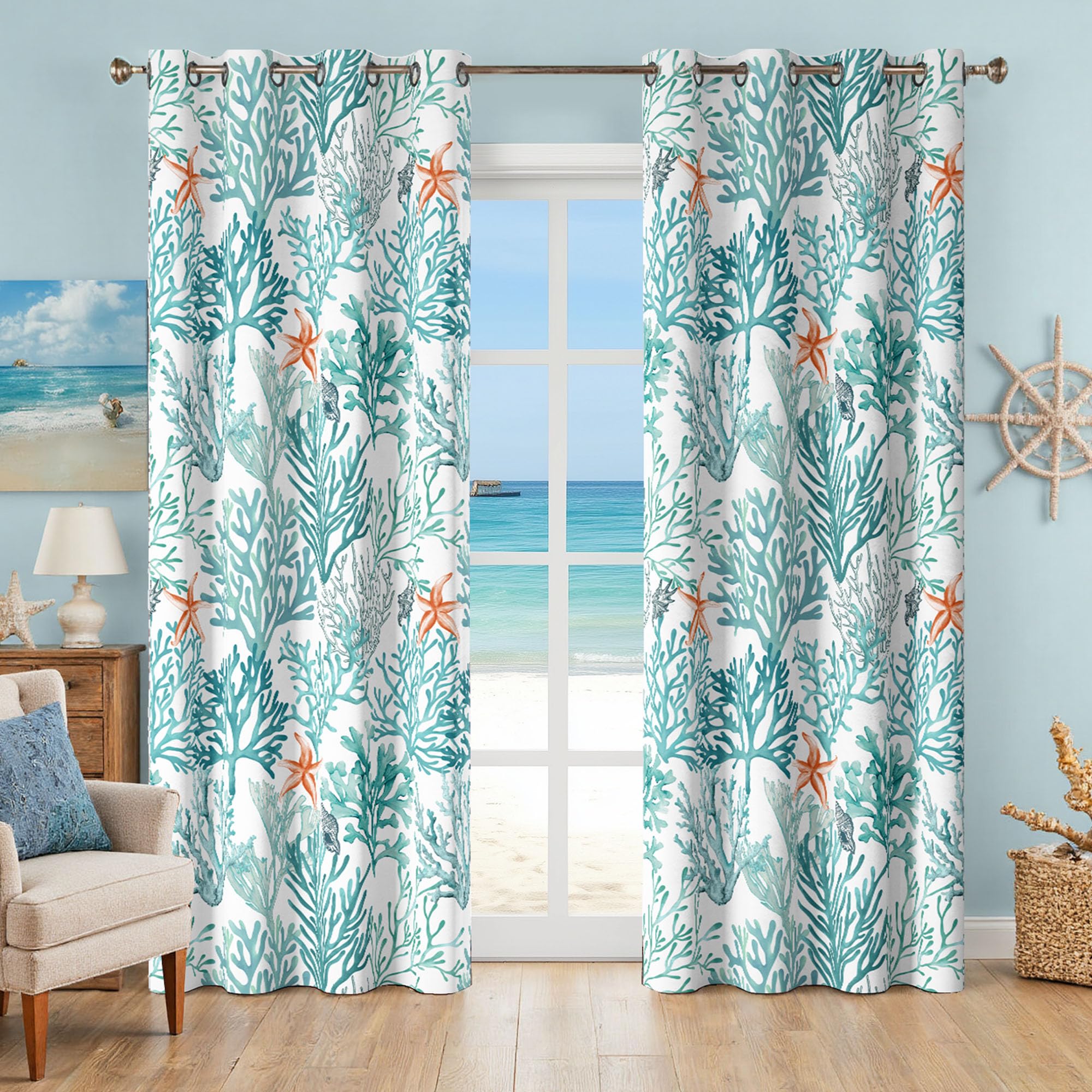 Tende nautiche costiere con occhielli, a tema spiaggia corallo, isolamento termico, 50% blocco della luce, oscuranti, per soggiorno, camera da letto, set di 2 pannelli, 132 x 213 cm, turchese