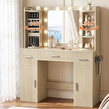 EasyCom Makeup Vanity Desk with Lights, Mirror and Jewelry Storage, Oak