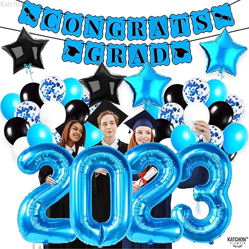 Miniatura 2 de KatchOn, Juego de globos azules 2023 de 40 pulgadas, paquete de 43, pancarta de graduación de felicitaciones, globos de graduación 2023 azules,