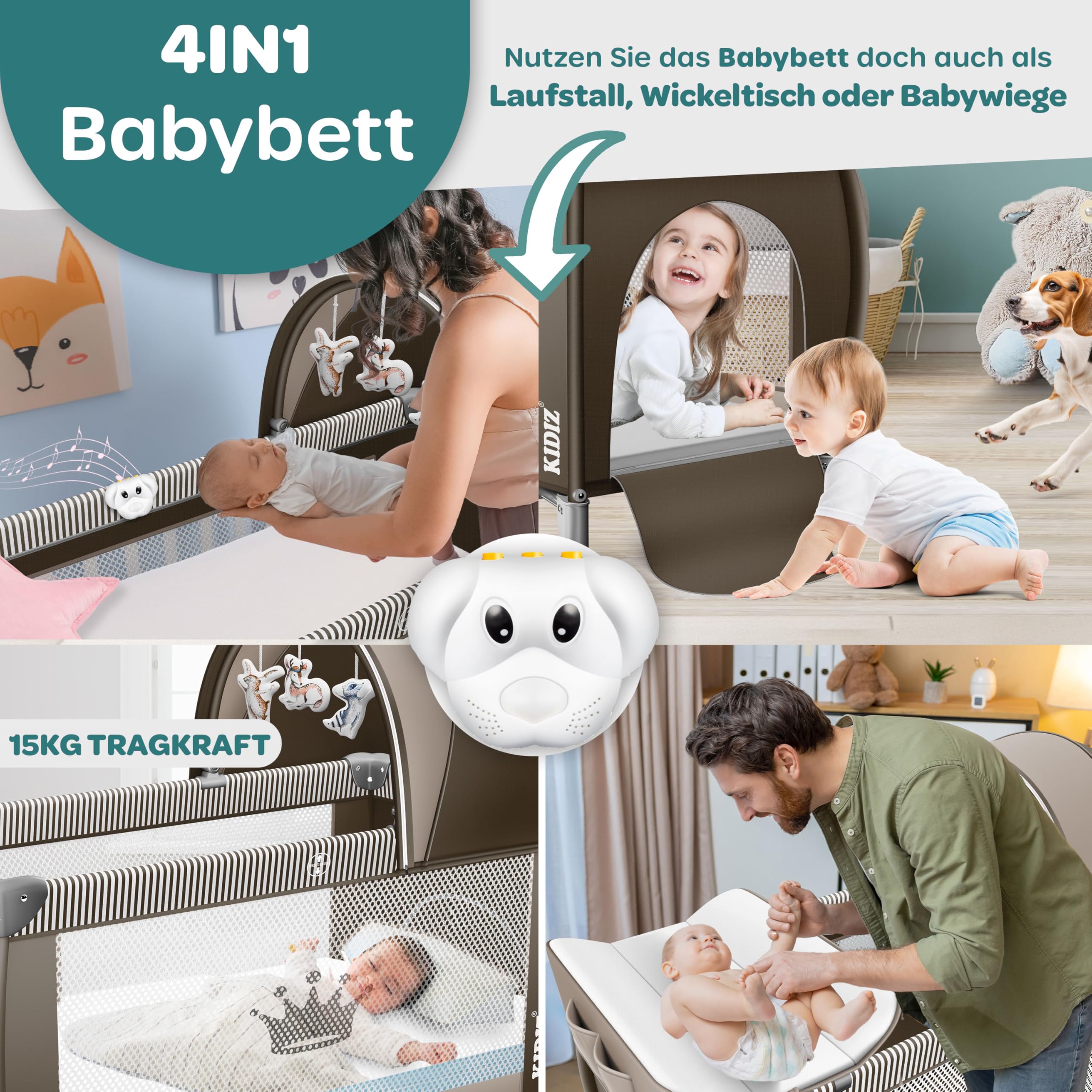 KIDIZ® Łóżeczko dziecięce 3 w 1, turystyczne, zestaw kombi, łóżeczko z przewijakiem, moskitiera, kojec, do 15 kg, przewiewne ściany boczne z wejściem bocznym, składana torba transportowa, brązowy