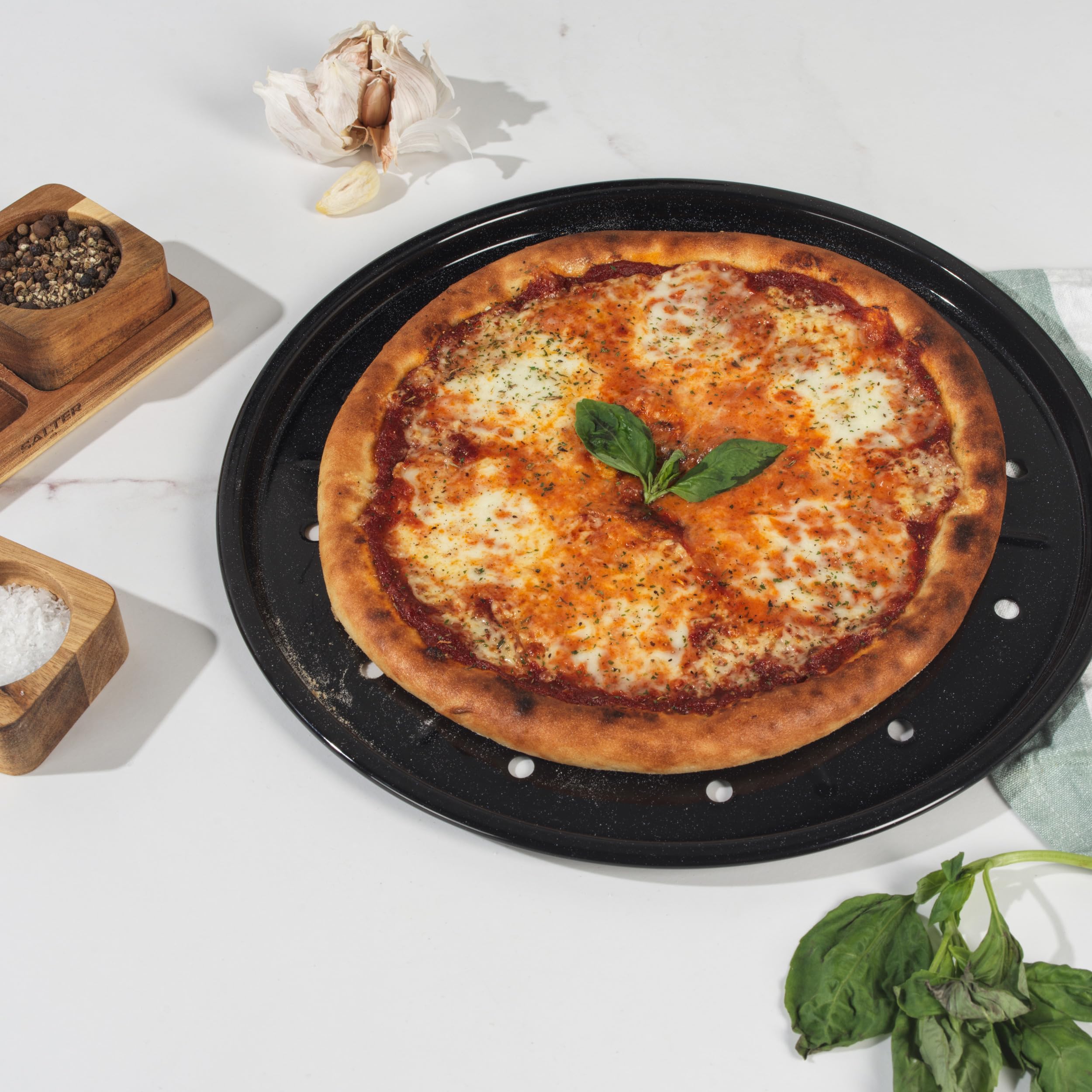 Salter Brilliance - Set di 2 teglie da forno rotonde, in acciaio smaltato antiaderente con rivestimento in vetro, lavabile in lavastoviglie, prodotto nel Regno Unito, 33 x 33 x 1,5 cm, senza PFA, per