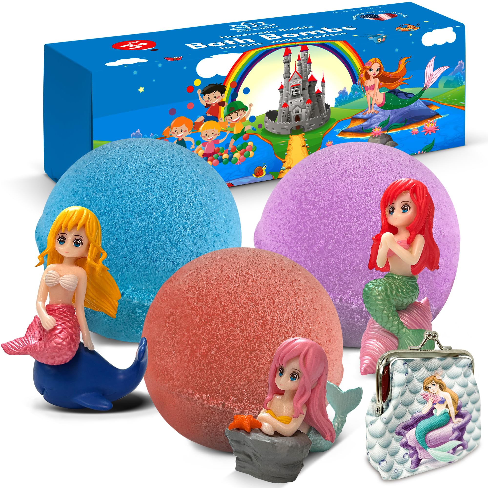 Relaxcation 3 Bath Bombs for Kids with MERMAID Toys Inside + 1 Bonus Toy - Cool Surprise for Girls, Boys, Teens - Handmade in USA