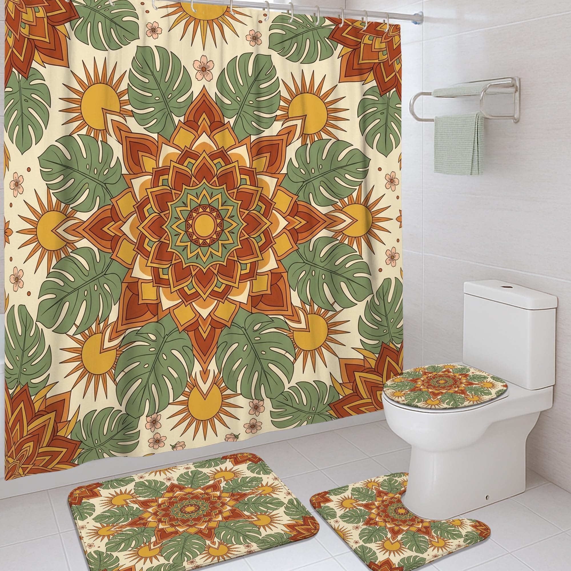 Rideau de douche haut de gamme en tissu et tapis de bain assorti motif botanique orange