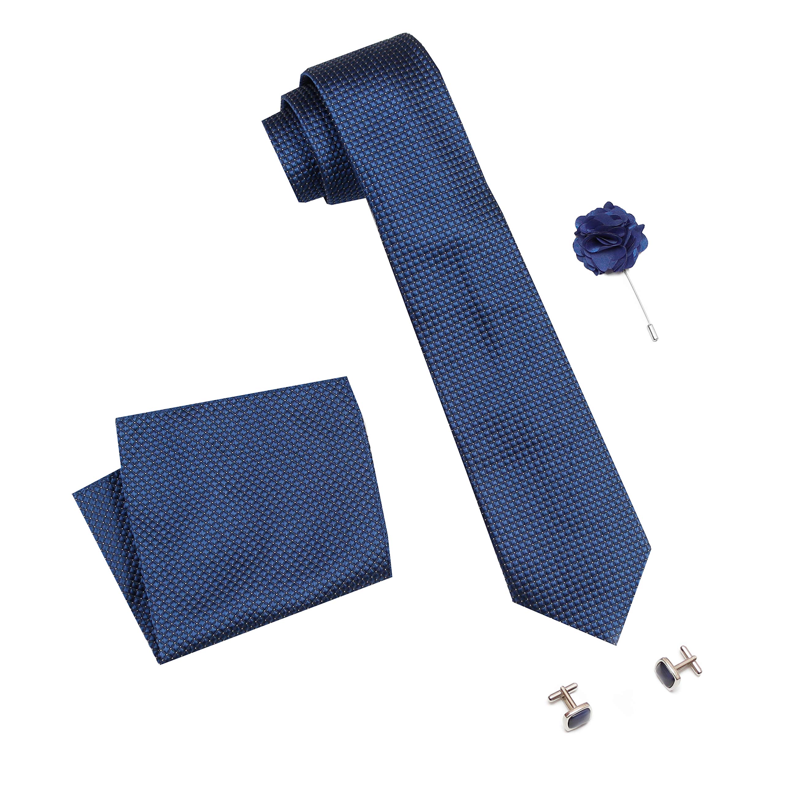 Men's Micro Polyester Casual Formal Dotted Necktie Set with Pocket Square, Brooch Pin and Cufflinks in Wooden Box (Free Size)-image-22