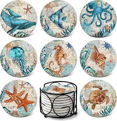 Teivio Posavasos de piedra absorbente para bebidas, base de corcho con soporte, decoración costera temática de playa tropical, para inauguración de