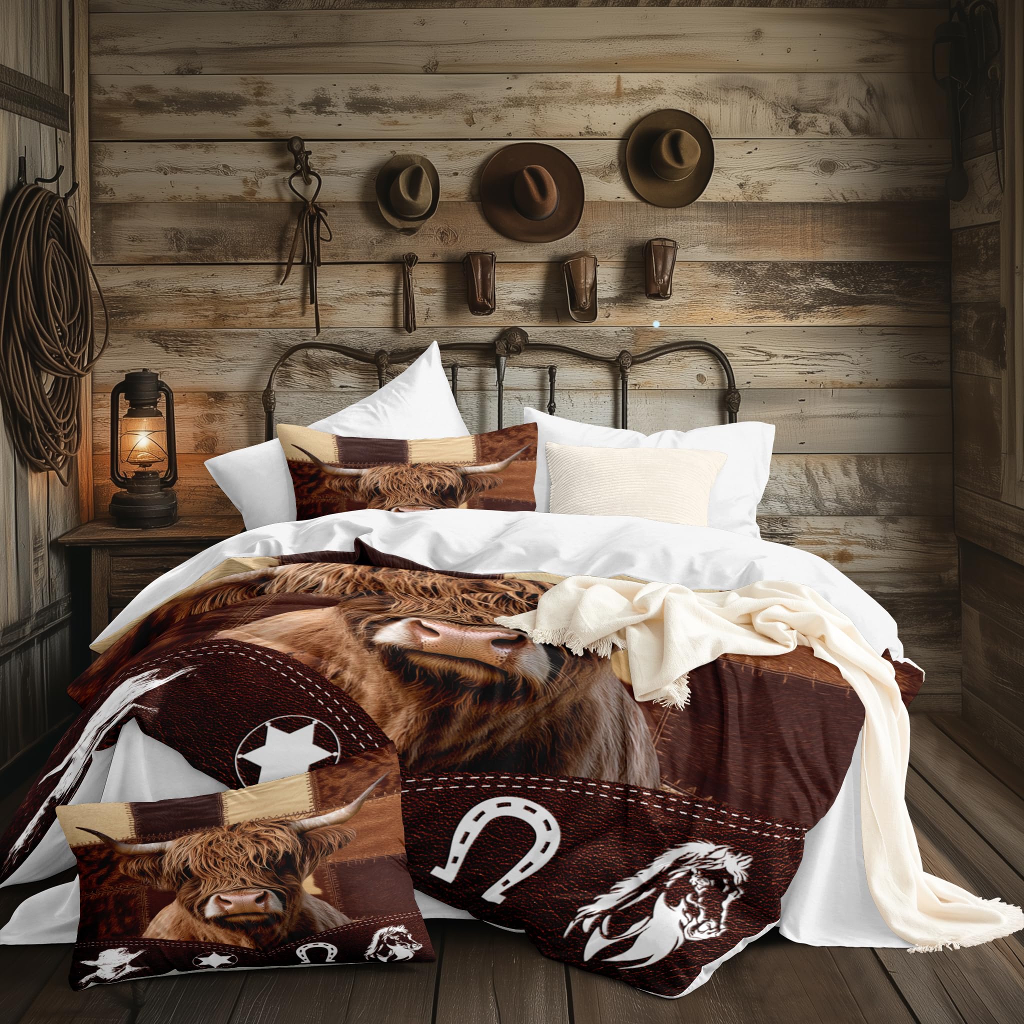 CCoutueChen Highland Cow Print Comforter Set King Size, Brown Western Cowhide Decor Comforter for Adult, 3Pieces Soft Farmhouse Wild Animal Print Bedding Set with 2 Pillowcases for All Season