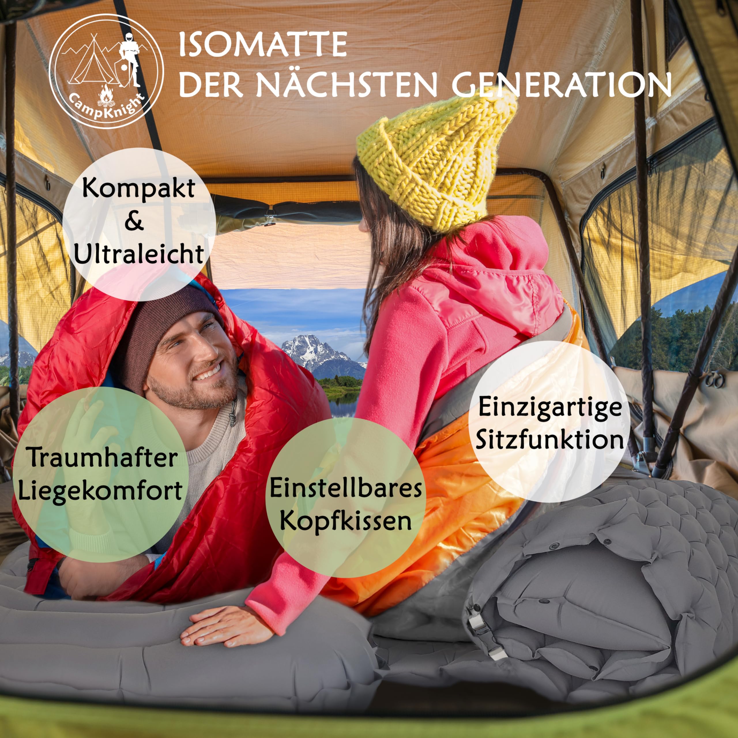 2-in-1 Isomatte für Outdoor und Camping + Ultraleicht und Kleines Packmaß + Bequem Schlafen und Sitzen + Einstellbares Kopfkissen