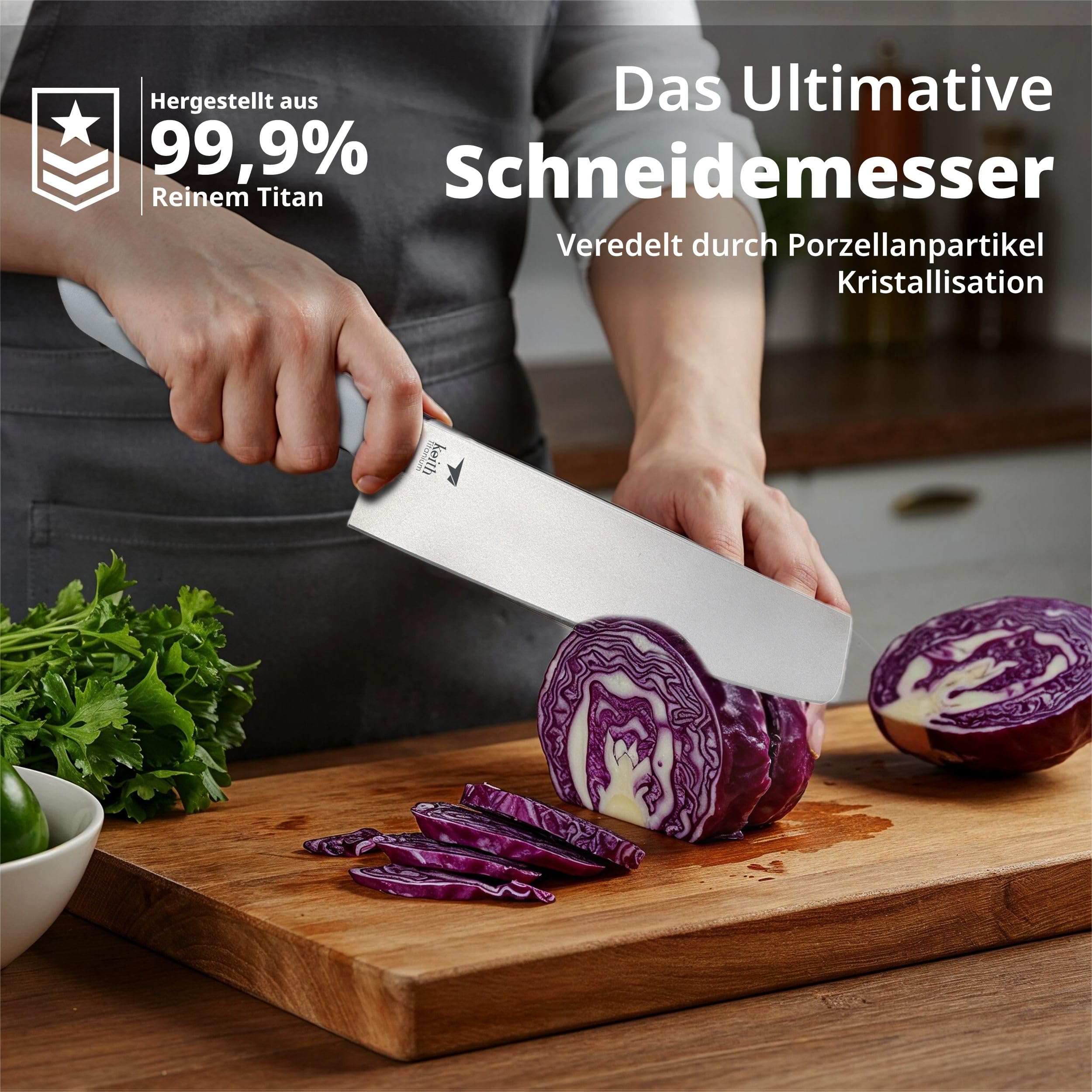 Keith Titanium Küchenmesser mit Scheide, Ti8743, Ultraleichtes Titanmesser für präzises Schneiden von Fleisch, Gemüse & Obst, Ideal für Indoor, Outdoor, Camping, Trekking (34,7 x 8,0 x 2,3 cm)