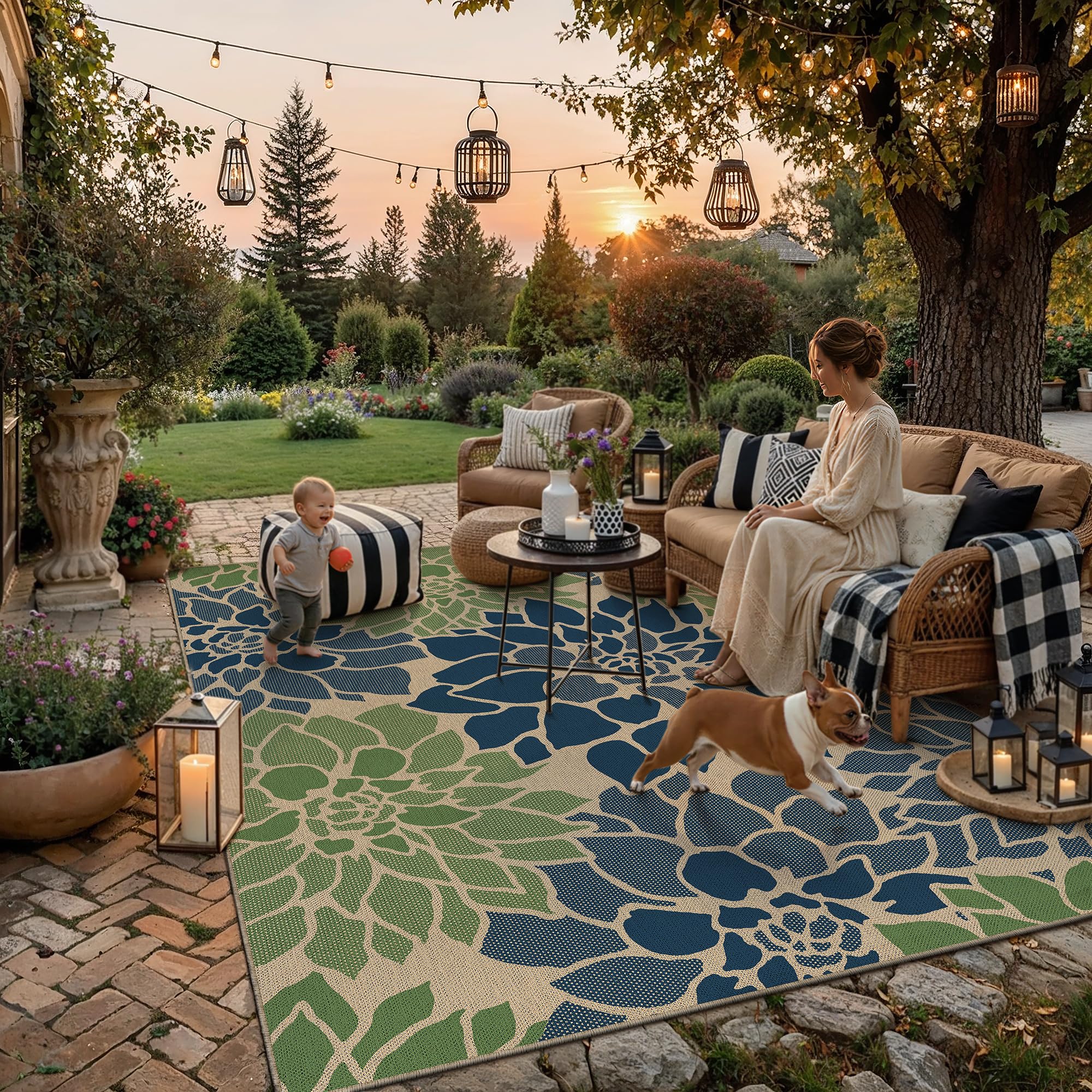 Snapklik.com : 8x10 Navy Green Easy Jute Outdoor Rug Floral Farmhouse ...