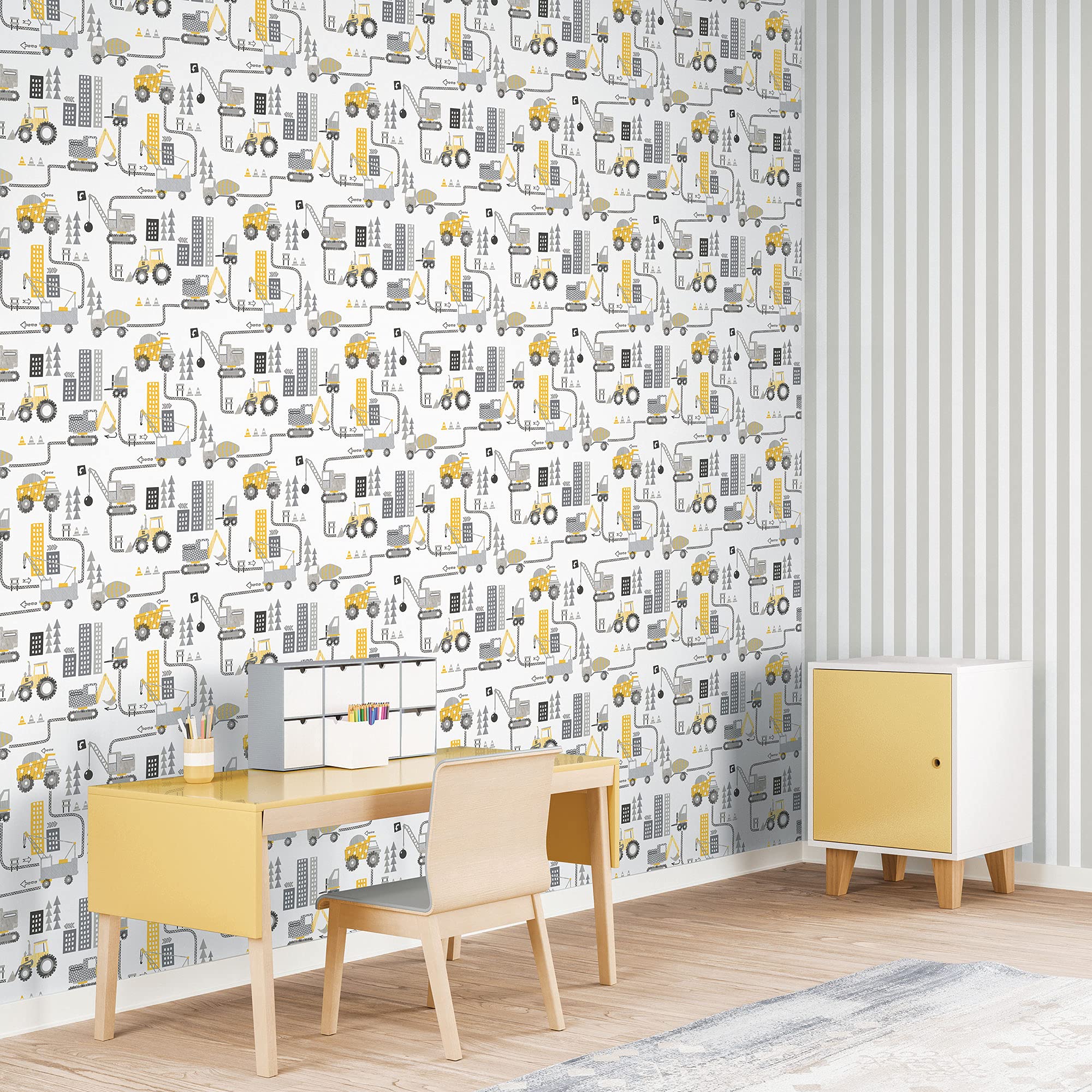 G78362 - Tiny Tots 2 Construction Yellow Greige Galerie Wallpaper
