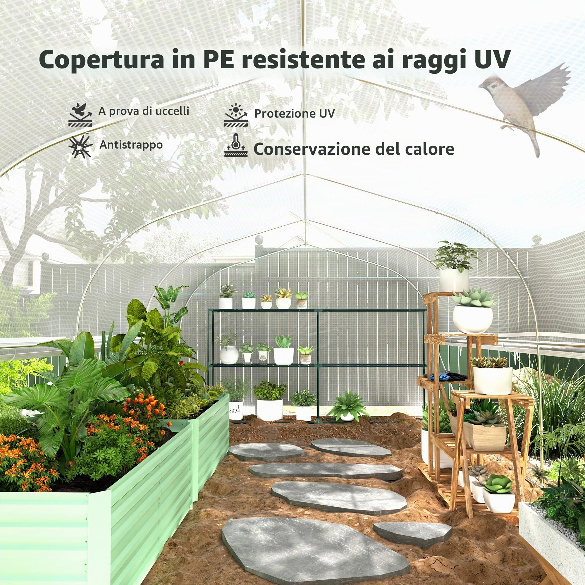 Serra Outsunny 6 x 3 x 2 m con 8 finestre e porta, pareti laterali avvolgibili, tunnel per pomodori in pellicola resistente ai raggi UV con struttura in acciaio zincato, bianco