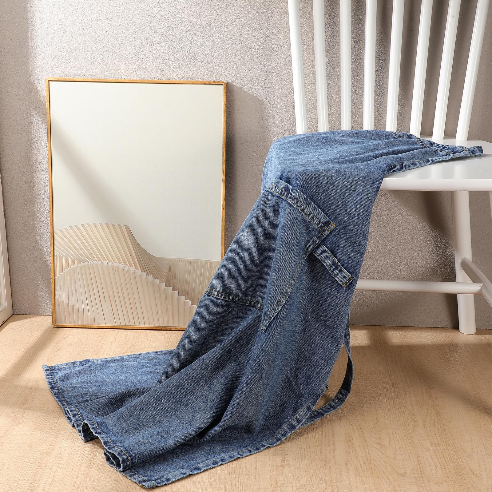 Delantal de Mezclilla Grueso Unisex Bolsillos, Tamaño Único, Reutilizable para Cocina, Barbacoa y Jardinería, Diseño Cruzado Espalda para Trabajo y Camping